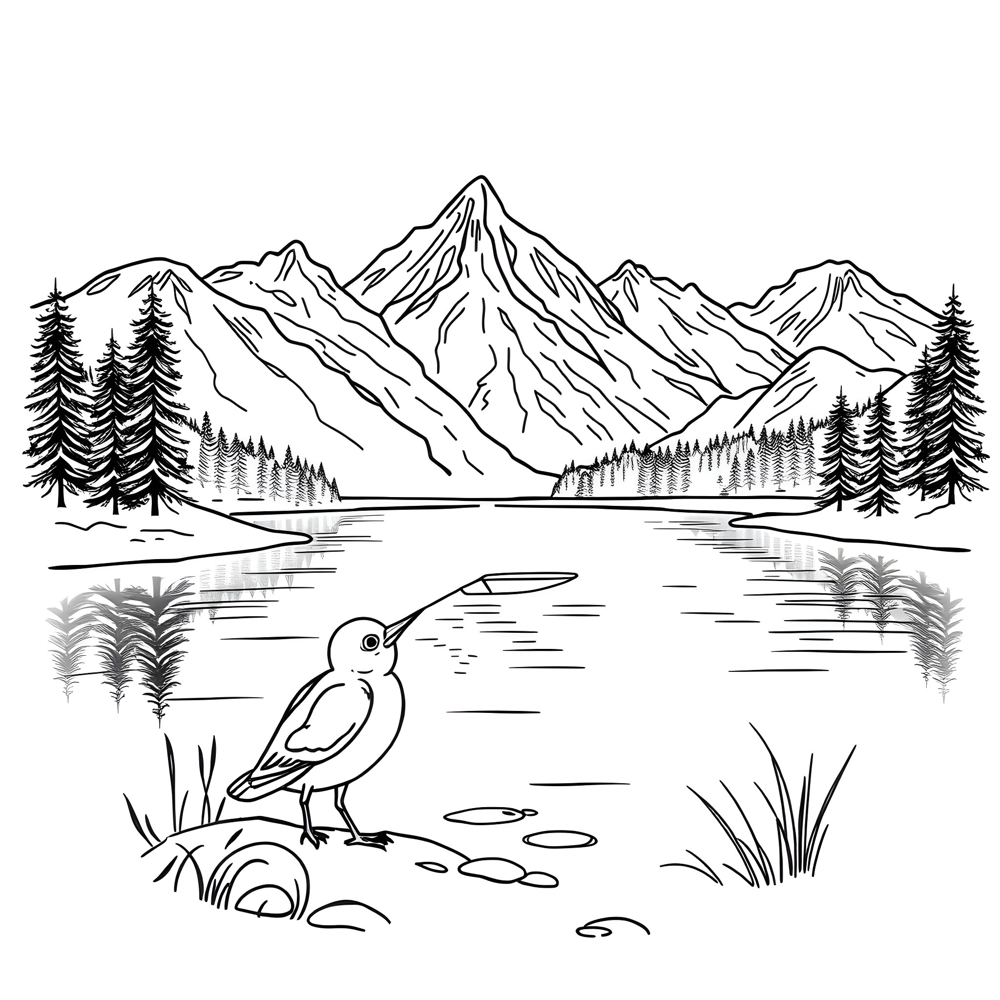 Bird in a peaceful mountain landscape Coloring Page (free black-and-white line drawing printable PDF for all, from beginners to advanced learners, including children, teens, adults, and seniors)