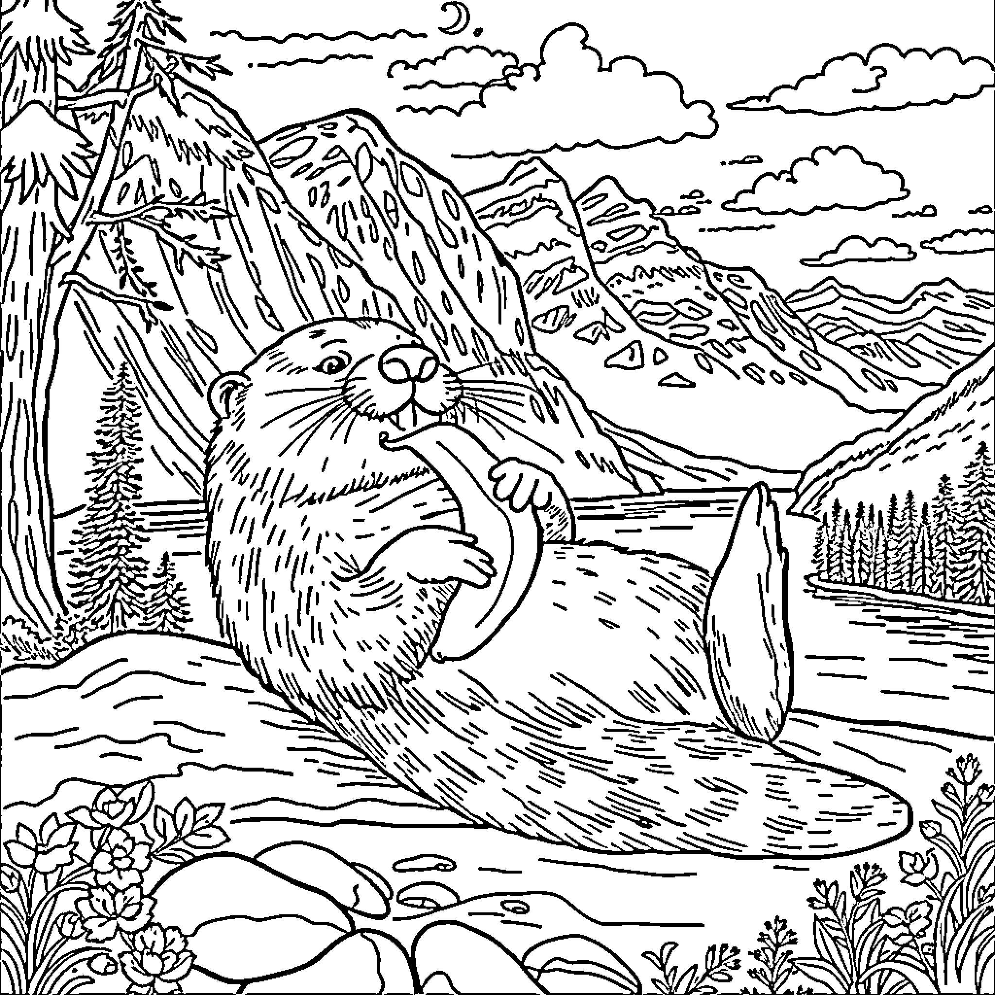 Otter relaxing in a serene mountainous landscape Coloring Page (free black-and-white line drawing printable PDF for all, from beginners to advanced learners, including children, teens, adults, and seniors)