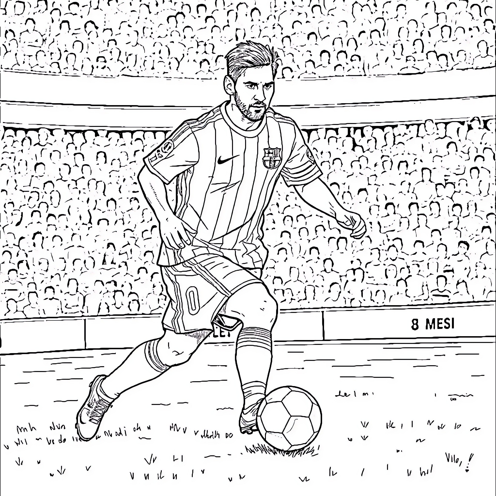 Messi kicking ball on soccer field with crowd Coloring Page (free black-and-white line drawing printable PDF for all, from beginners to advanced learners, including children, teens, adults, and seniors)
