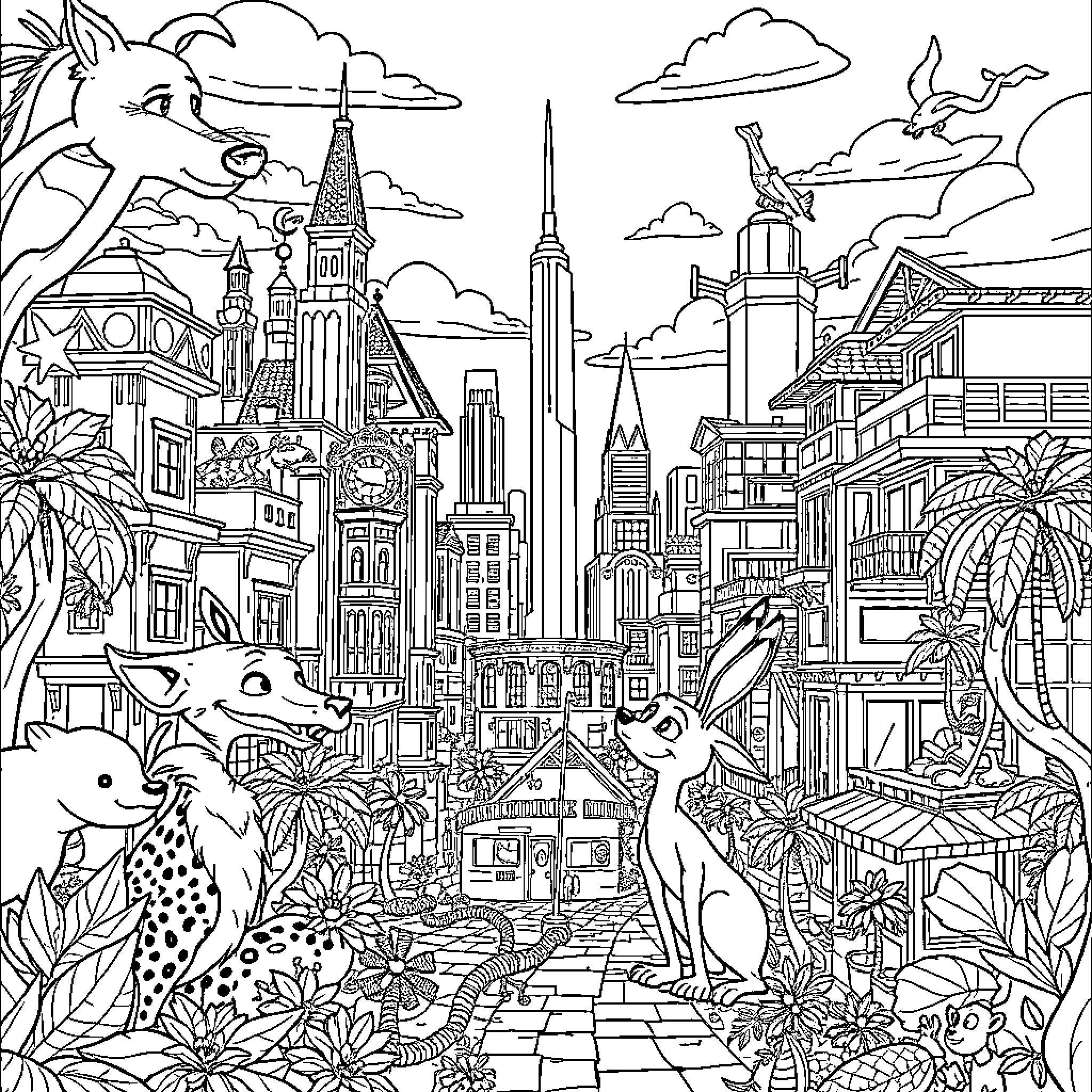 Zootopia - Animals exploring the vibrant city Coloring Page (free black-and-white line drawing printable PDF for all, from beginners to advanced learners, including children, teens, adults, and seniors)