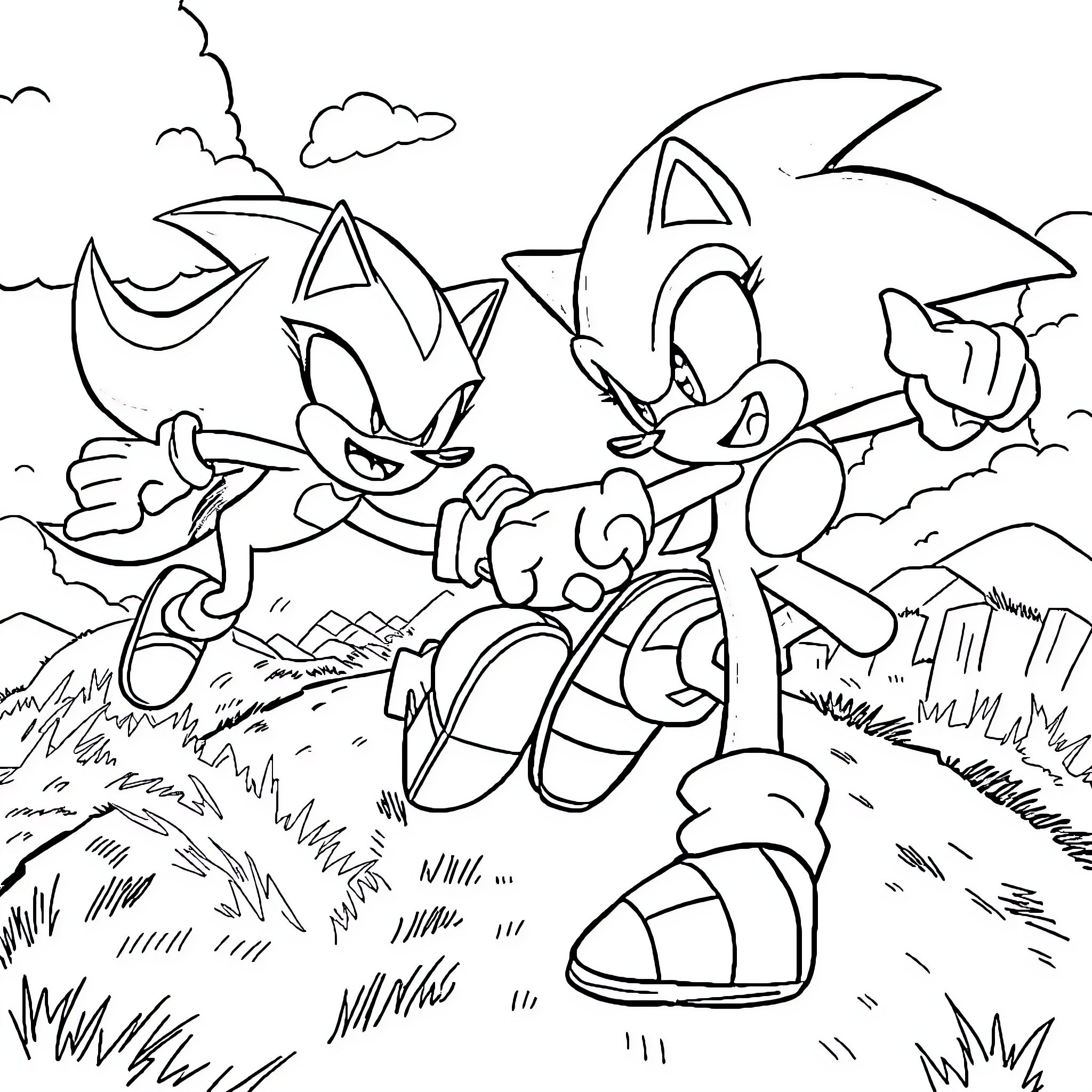Sonic Heroes Racing through Vibrant Scenery Coloring Page (free black-and-white line drawing printable PDF for all, from beginners to advanced learners, including children, teens, adults, and seniors)