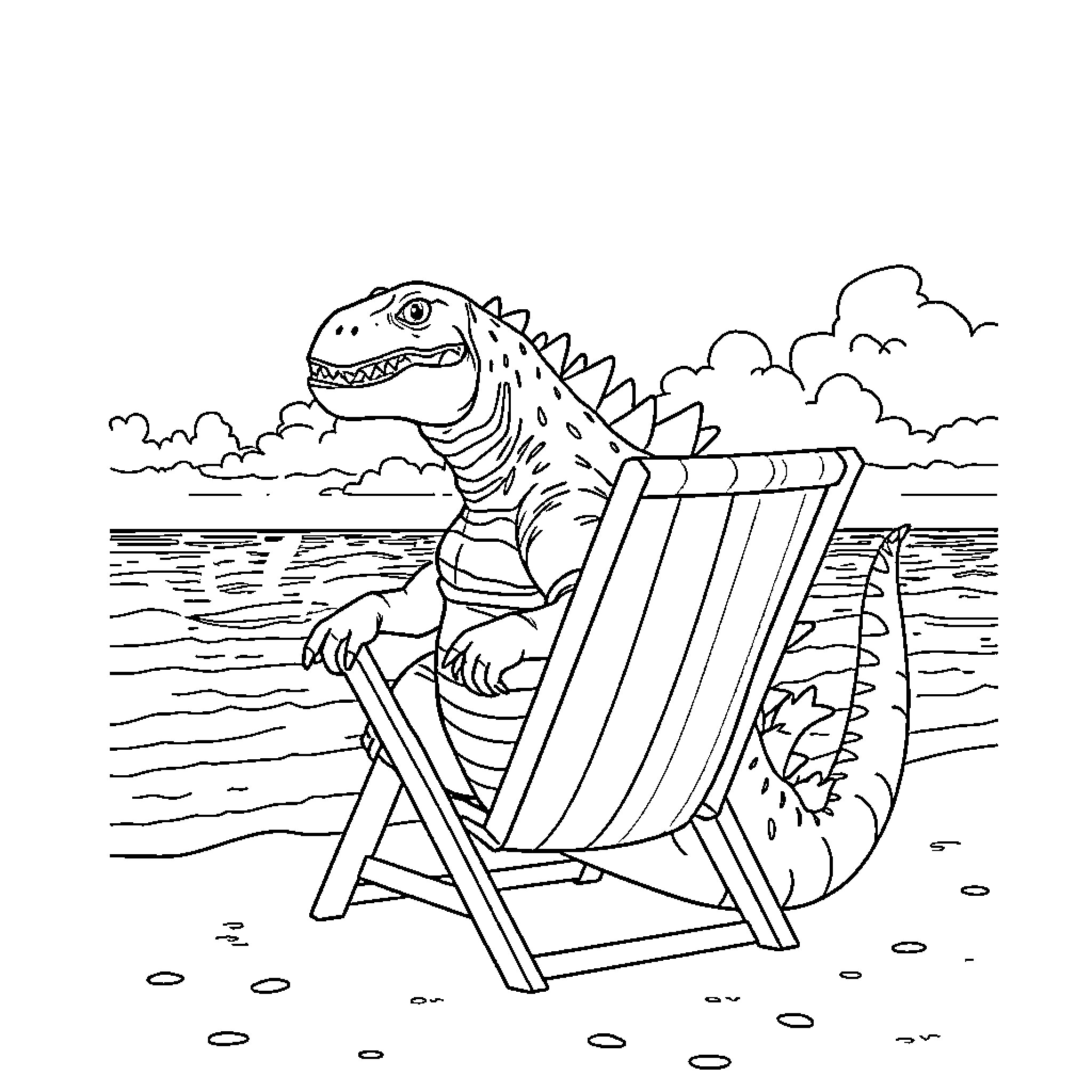 Godzilla relaxing on beach chair by the ocean Coloring Page (free black-and-white line drawing printable PDF for all, from beginners to advanced learners, including children, teens, adults, and seniors)