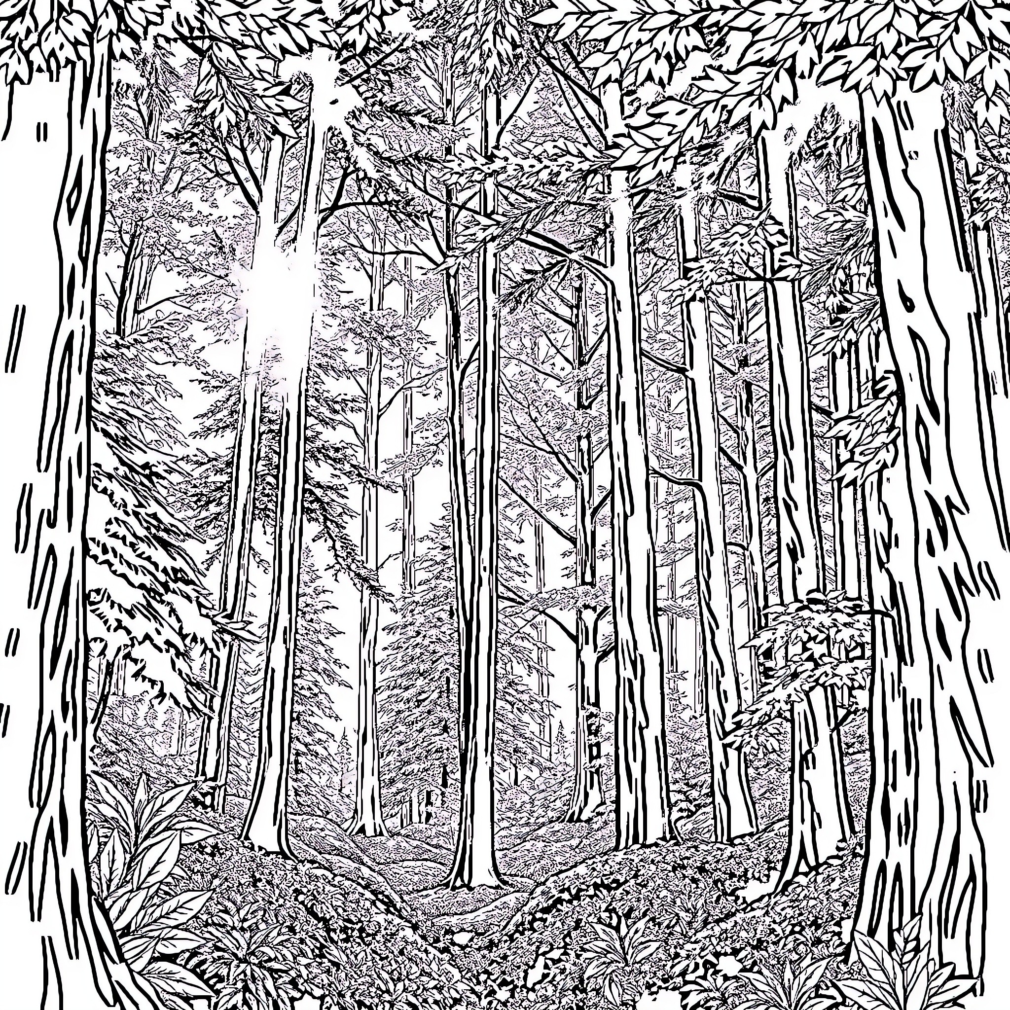 Forest with Towering Trees and Lush Vegetation Coloring Page (free black-and-white line drawing printable PDF for all, from beginners to advanced learners, including children, teens, adults, and seniors)