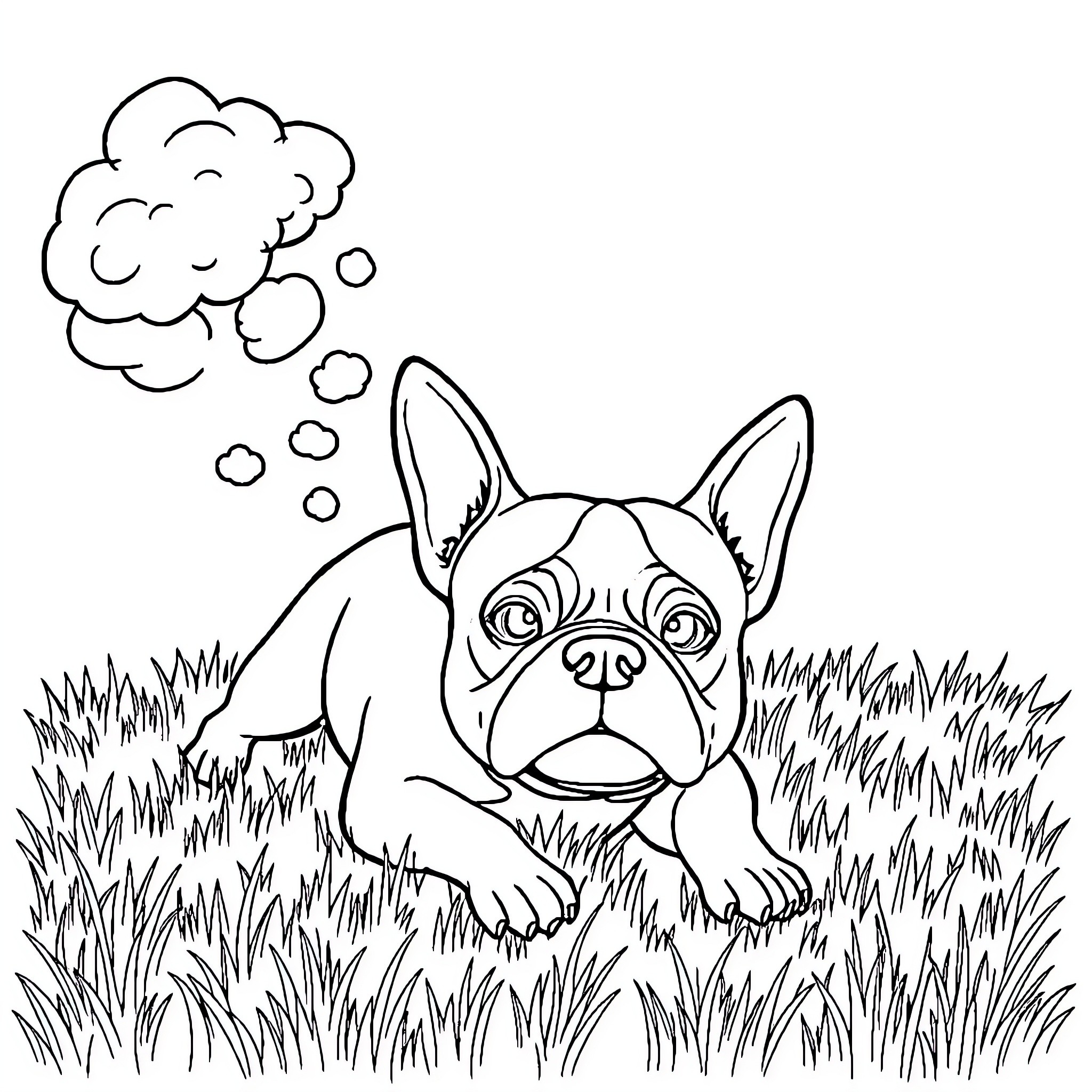Boston Terrier exploring the grassy field Coloring Page (free black-and-white line drawing printable PDF for all, from beginners to advanced learners, including children, teens, adults, and seniors)