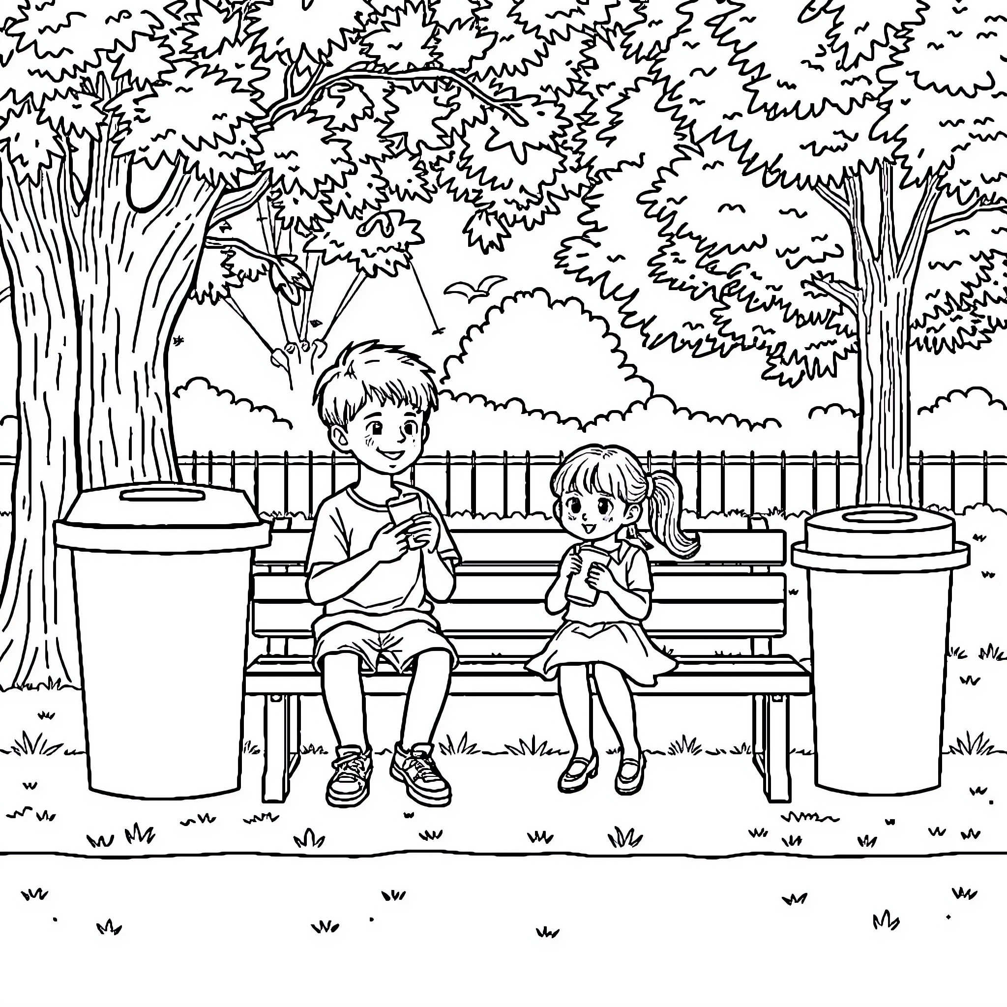 Trash Can Kids Sitting on Bench in Park Coloring Page (free black-and-white line drawing printable PDF for all, from beginners to advanced learners, including children, teens, adults, and seniors)