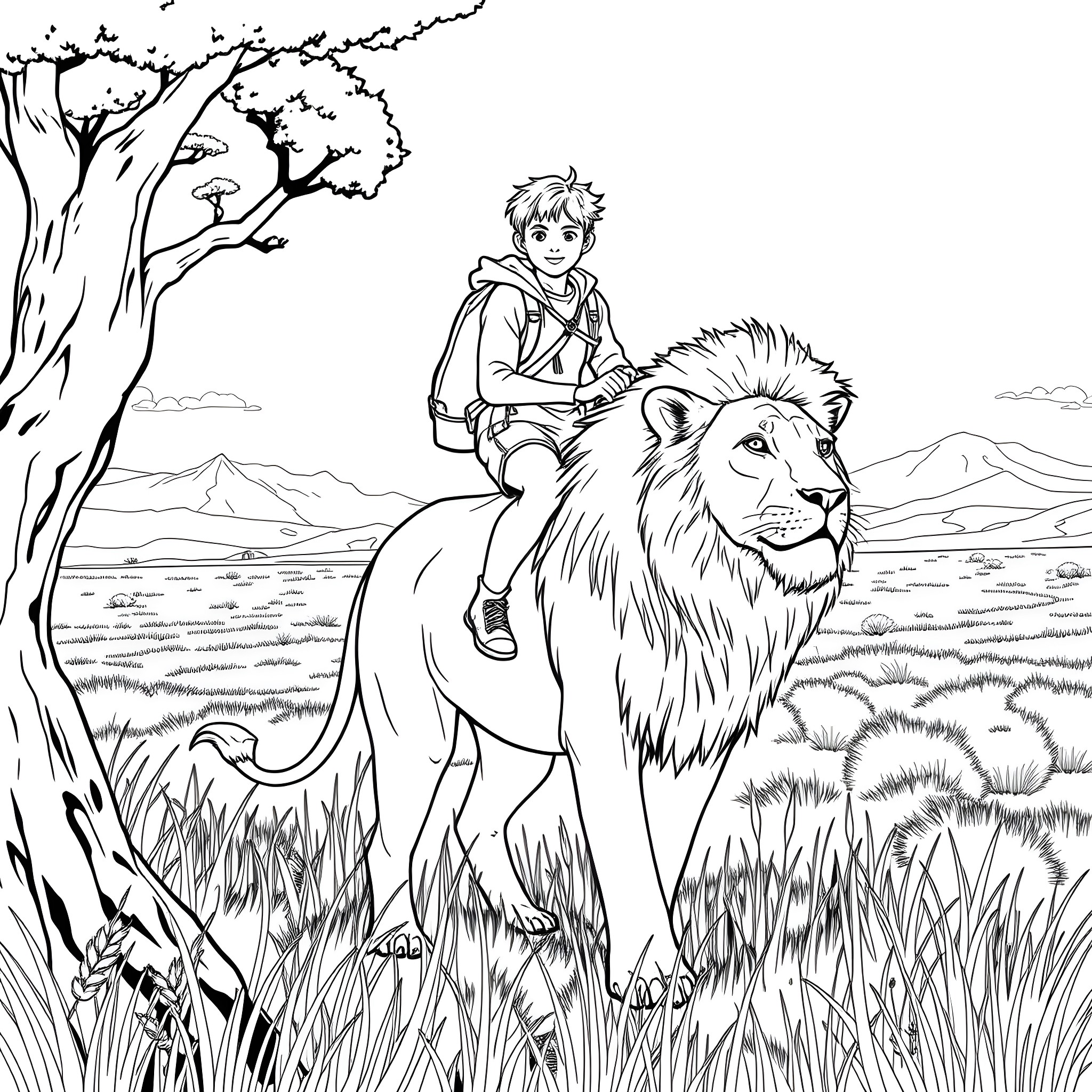 Teenager riding a majestic lion in the wilderness Coloring Page (free black-and-white line drawing printable PDF for all, from beginners to advanced learners, including children, teens, adults, and seniors)