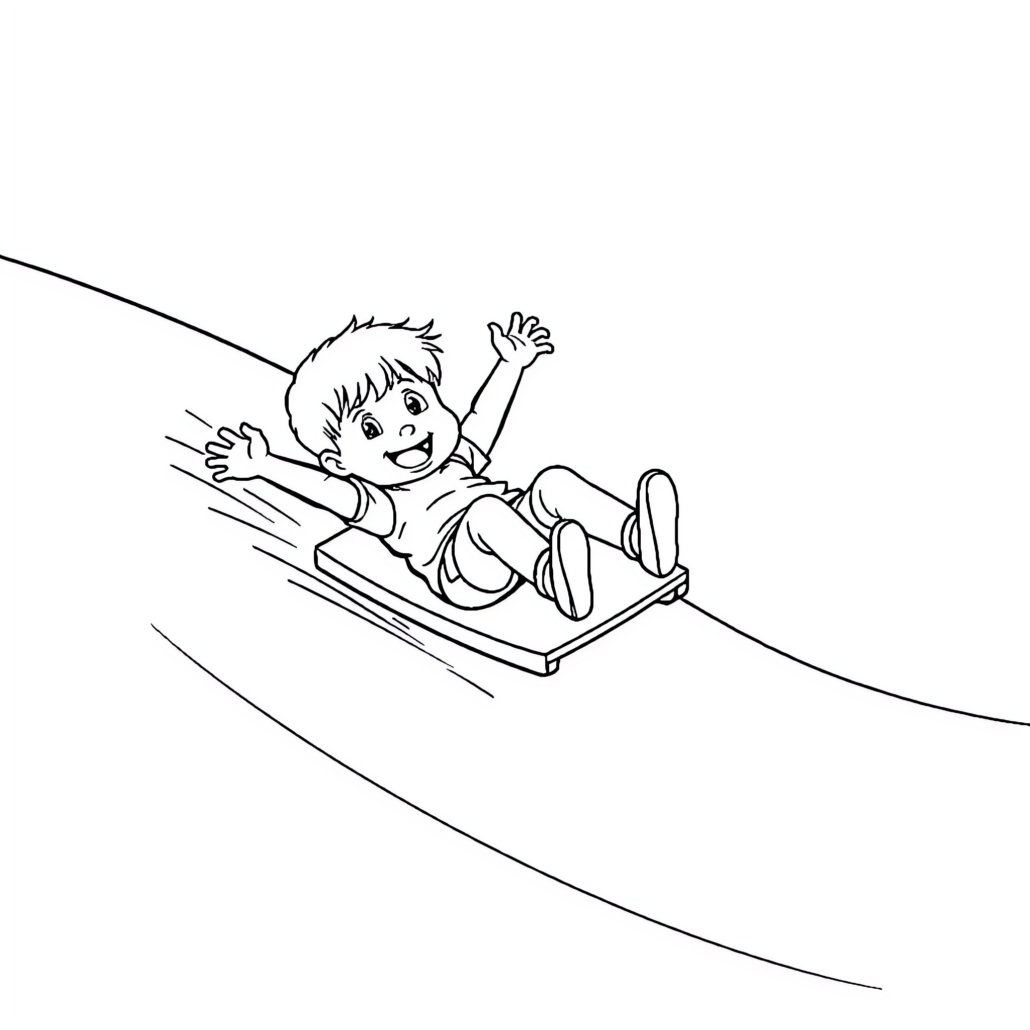 Kid sliding down on a slide happily Coloring Page (free black-and-white line drawing printable PDF for all, from beginners to advanced learners, including children, teens, adults, and seniors)