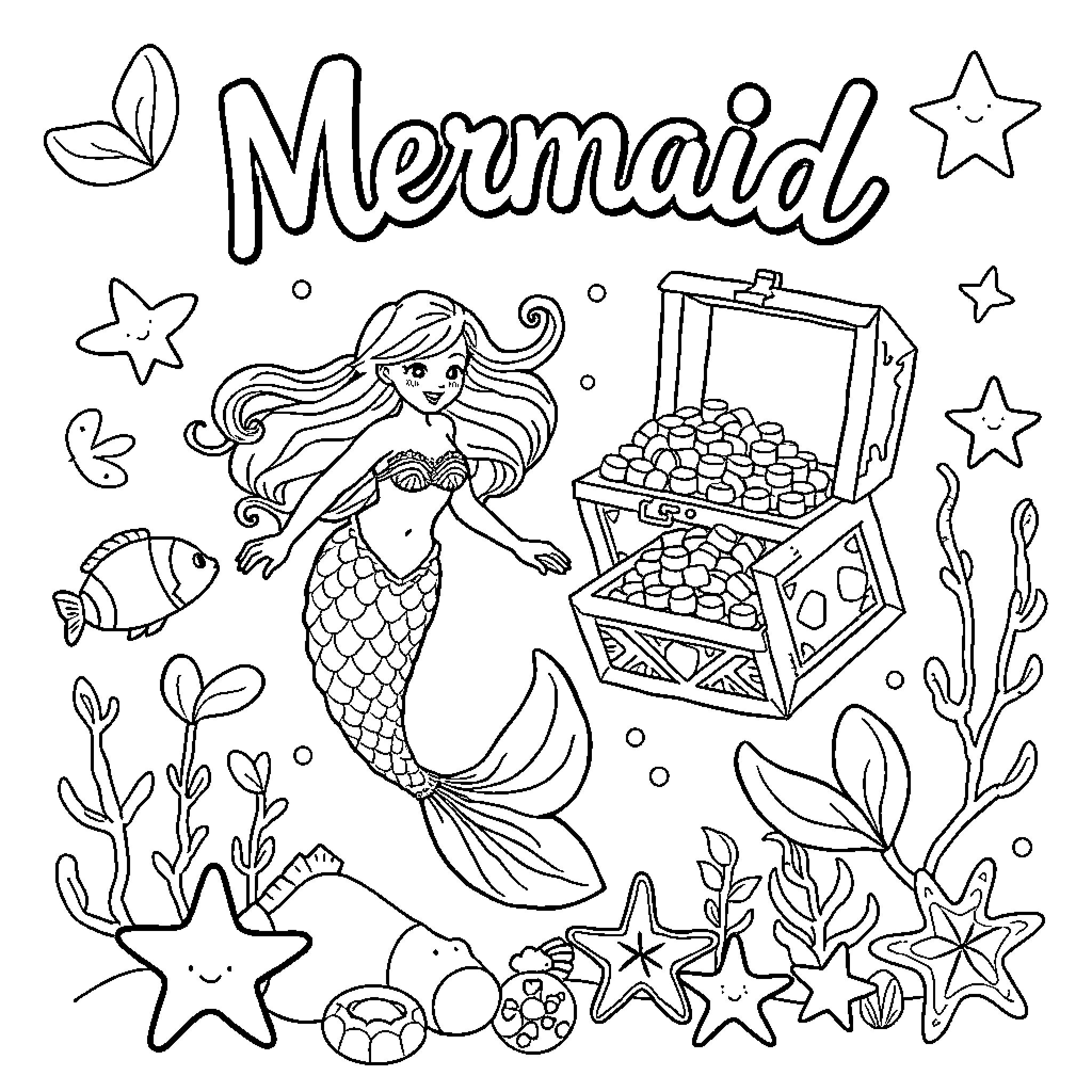Mermaid with treasure chest in the ocean Coloring Page (free black-and-white line drawing printable PDF for all, from beginners to advanced learners, including children, teens, adults, and seniors)