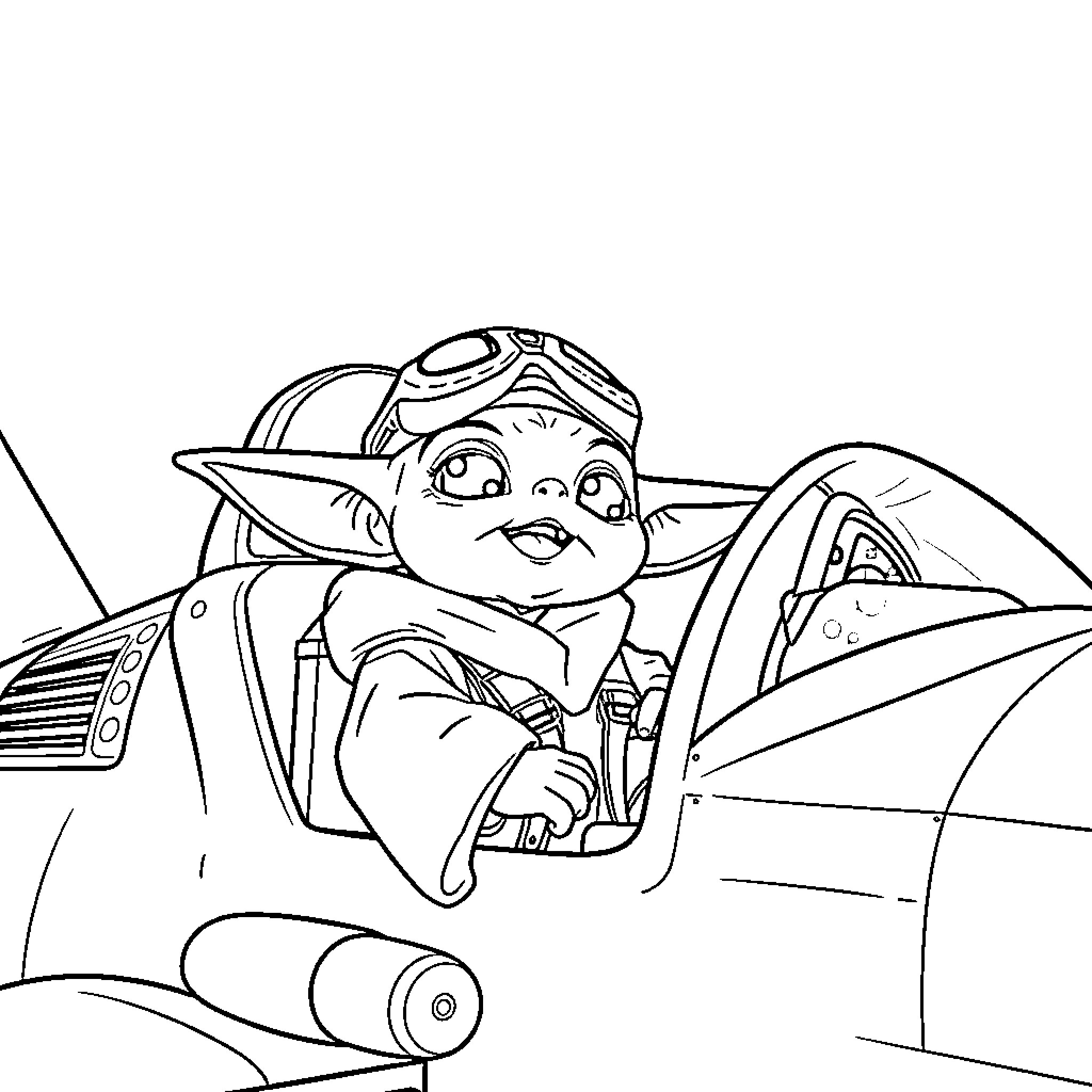 Baby Yoda piloting a spacecraft Coloring Page (free black-and-white line drawing printable PDF for all, from beginners to advanced learners, including children, teens, adults, and seniors)