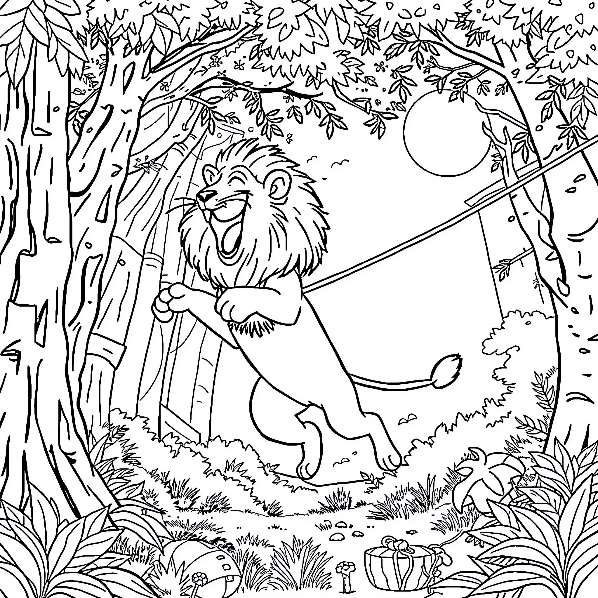 Lion roaring happily in a lush forest Coloring Page (free black-and-white line drawing printable PDF for all, from beginners to advanced learners, including children, teens, adults, and seniors)