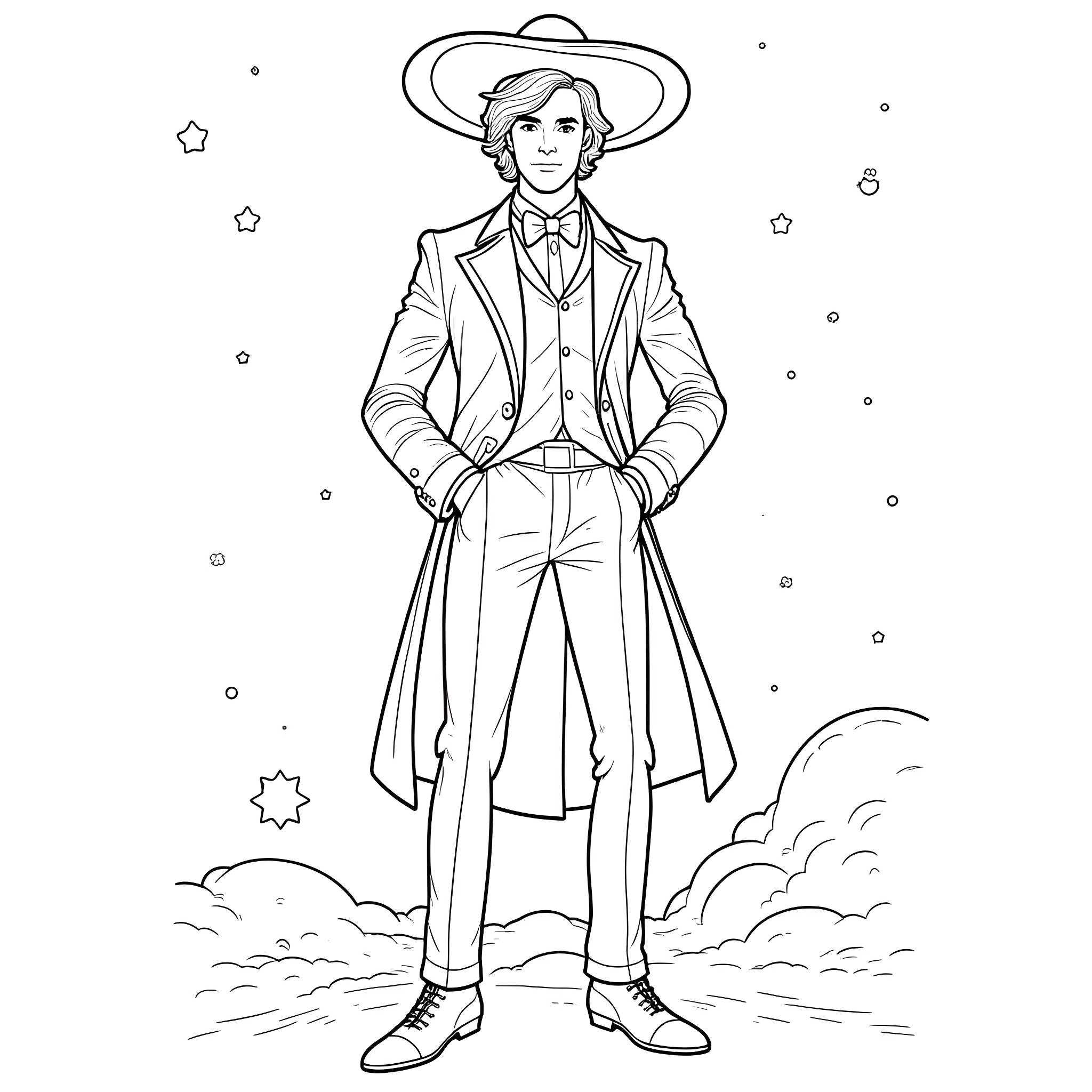 6th Doctor in stylish attire with stars and clouds Coloring Page (free black-and-white line drawing printable PDF for all, from beginners to advanced learners, including children, teens, adults, and seniors)