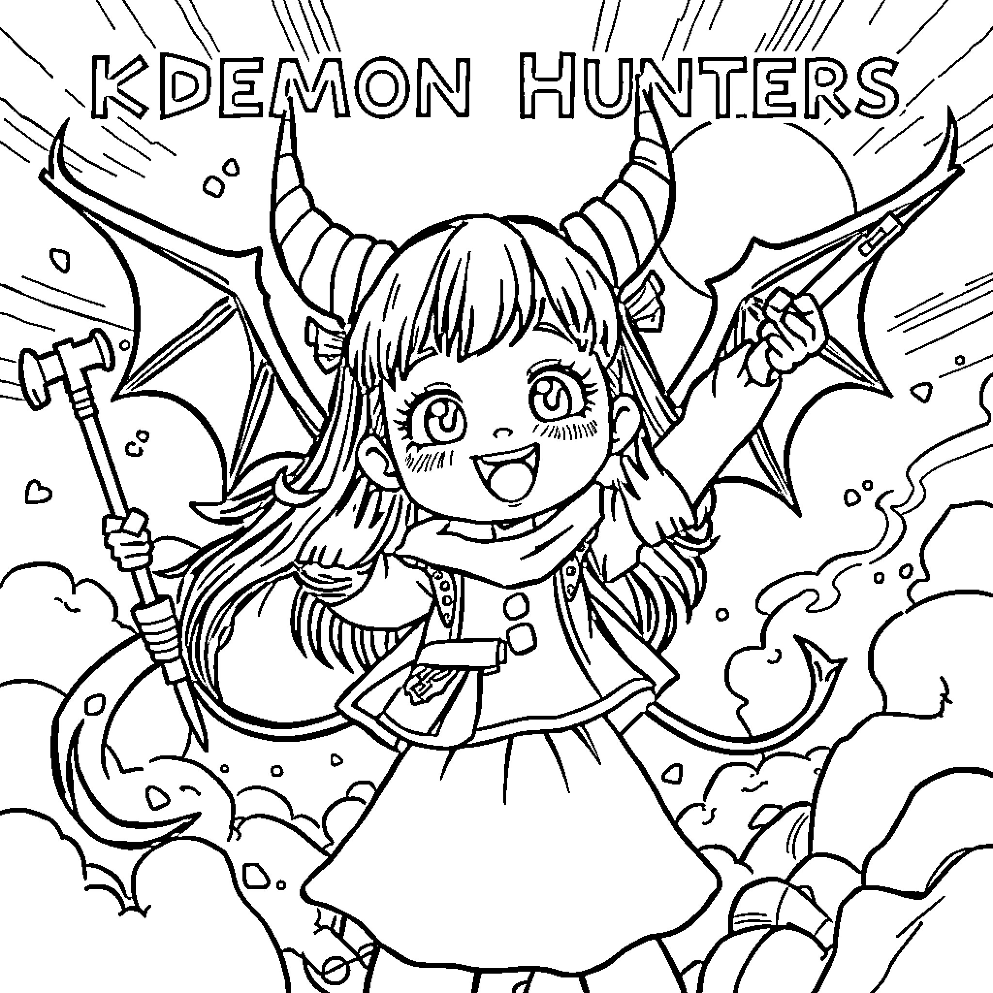 Kpop Demon Hunter: Cheerful Warrior in Action Coloring Page (free black-and-white line drawing printable PDF for all, from beginners to advanced learners, including children, teens, adults, and seniors)