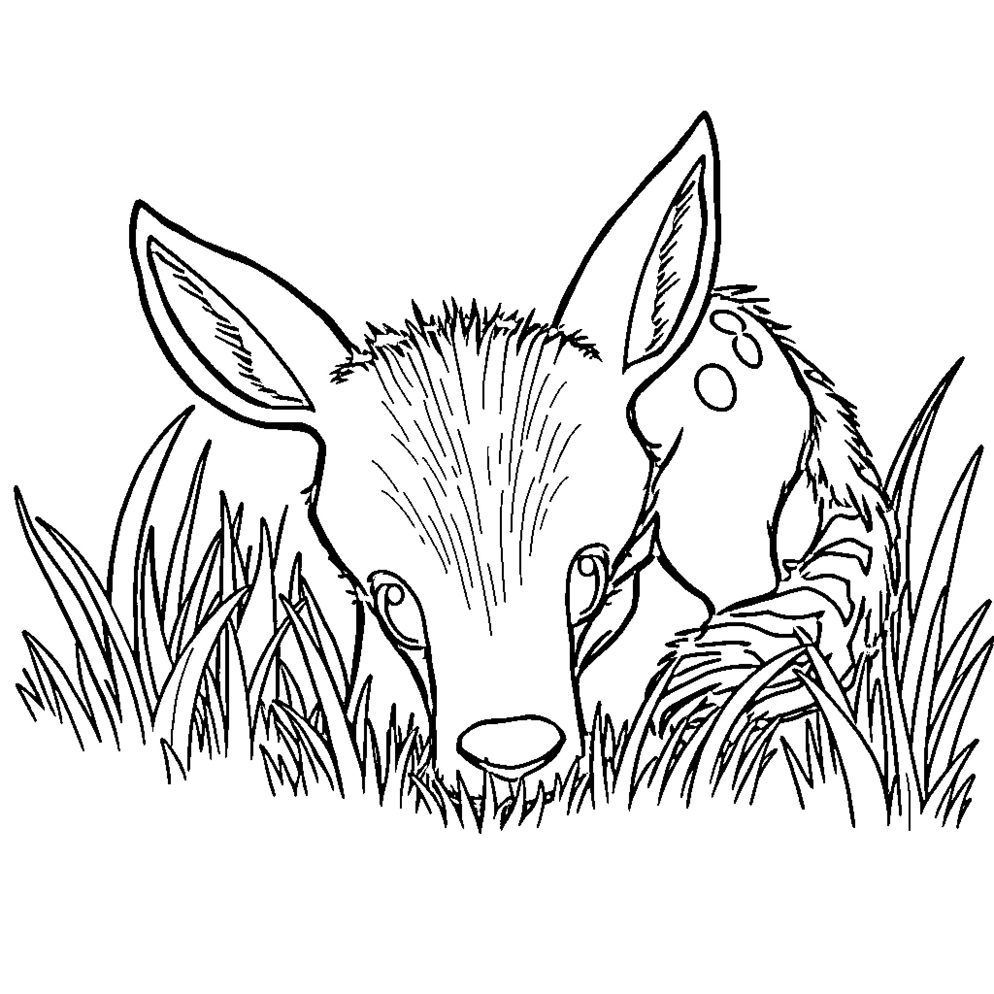 Animal peeking through tall grass Coloring Page (free black-and-white line drawing printable PDF for all, from beginners to advanced learners, including children, teens, adults, and seniors)