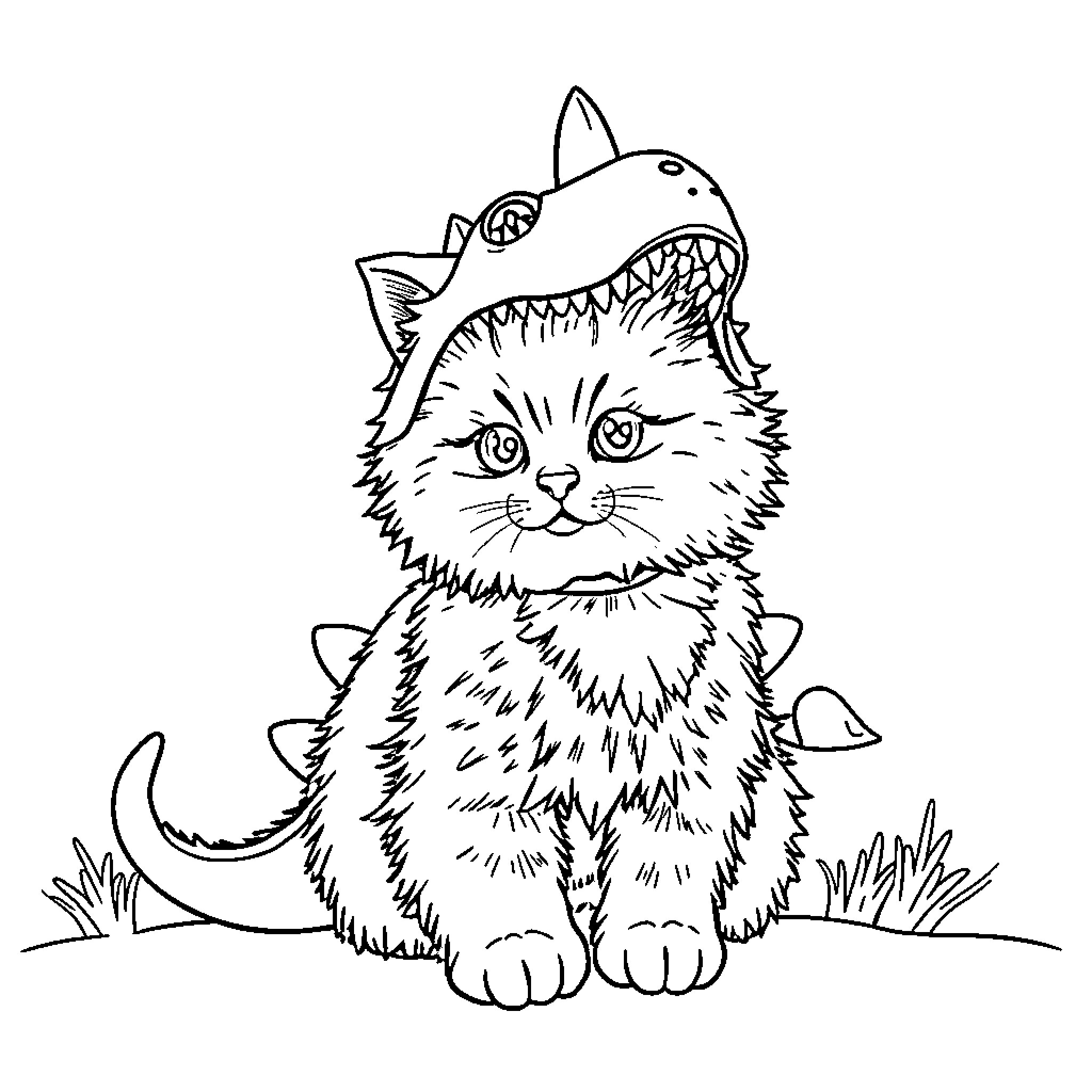 Cat dressed as shark playing in the grass Coloring Page (free black-and-white line drawing printable PDF for all, from beginners to advanced learners, including children, teens, adults, and seniors)