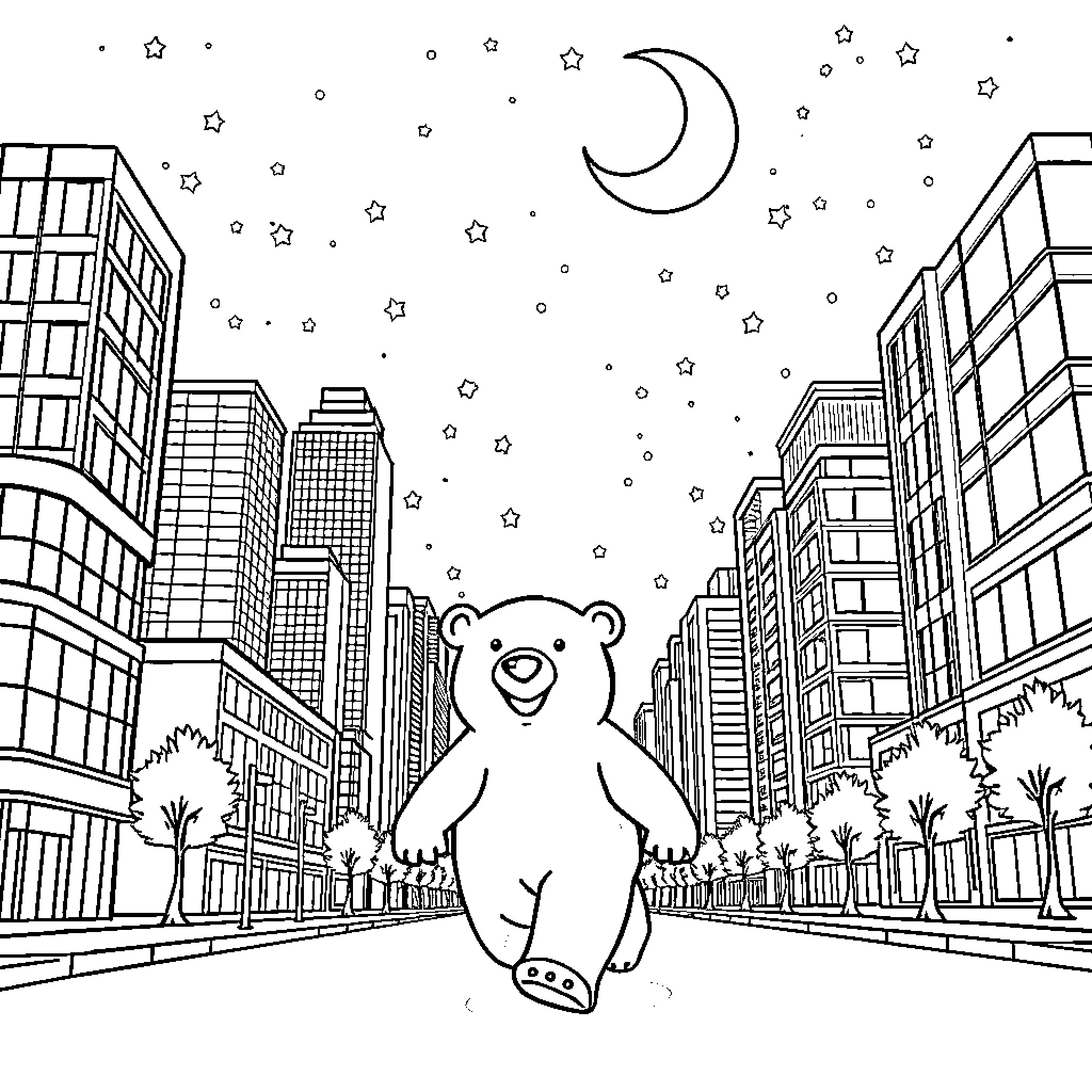 Polar Bear enjoying a peaceful night in the city Coloring Page (free black-and-white line drawing printable PDF for all, from beginners to advanced learners, including children, teens, adults, and seniors)