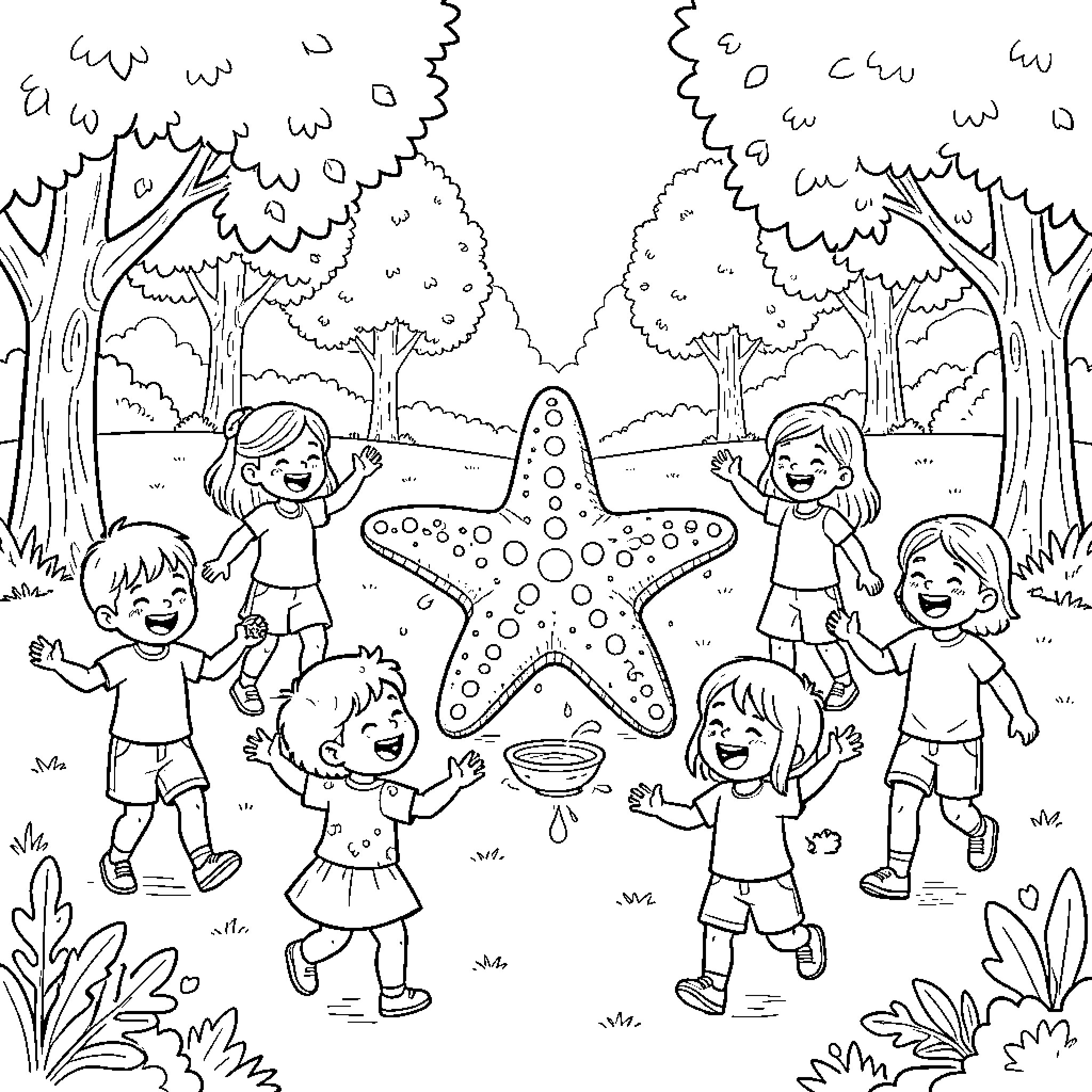 Estrella's Fun Day with Friends in the Forest Coloring Page (free black-and-white line drawing printable PDF for all, from beginners to advanced learners, including children, teens, adults, and seniors)