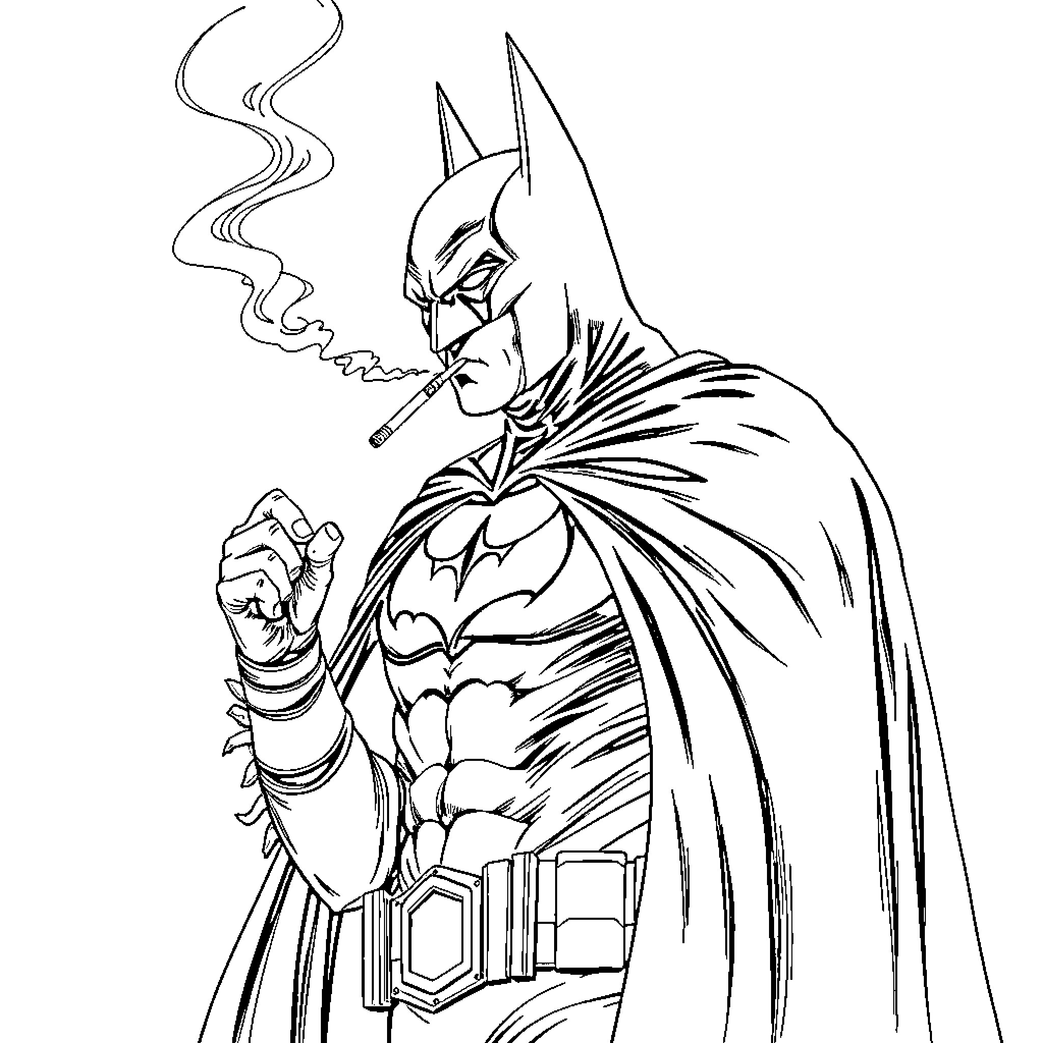 Batman brooding with a cigarette Coloring Page (free black-and-white line drawing printable PDF for all, from beginners to advanced learners, including children, teens, adults, and seniors)