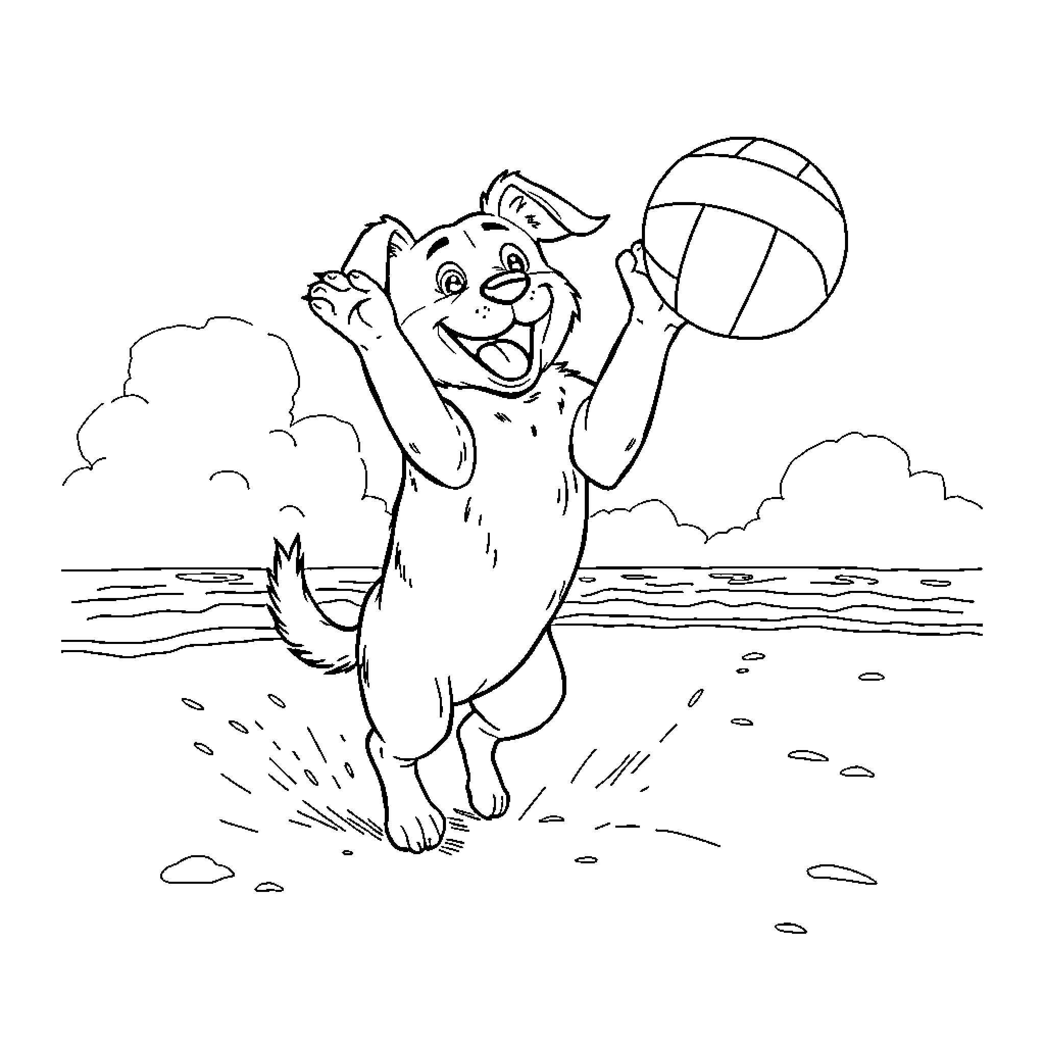 Dog playing happily with beach ball in the sand Coloring Page (free black-and-white line drawing printable PDF for all, from beginners to advanced learners, including children, teens, adults, and seniors)