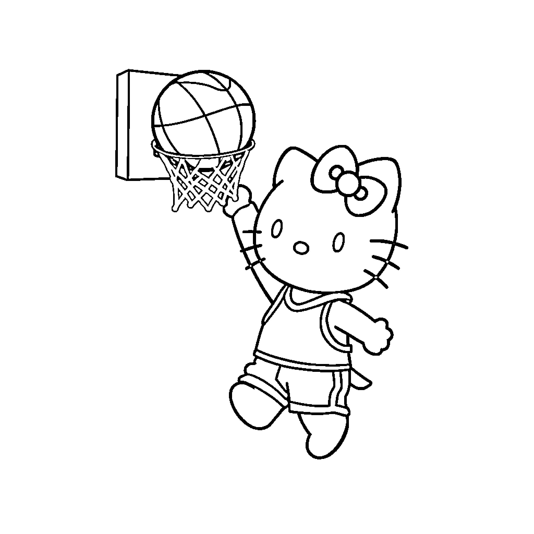 Hello Kitty playing basketball Coloring Page (free black-and-white line drawing printable PDF for all, from beginners to advanced learners, including children, teens, adults, and seniors)