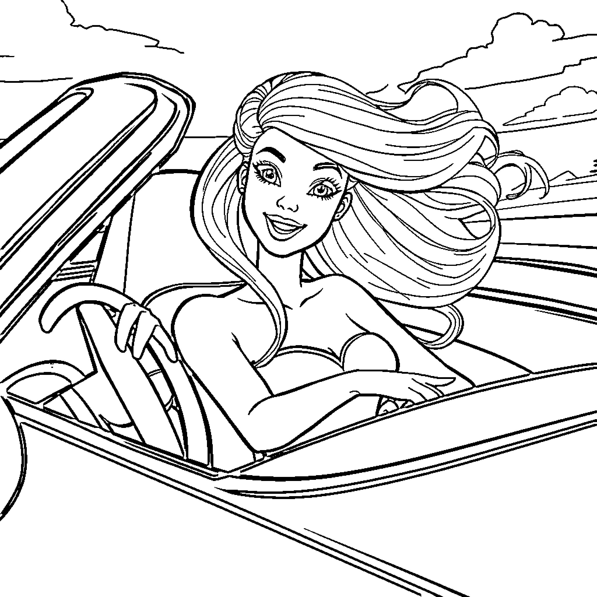 Barbie driving in a sports car with a smile Coloring Page (free black-and-white line drawing printable PDF for all, from beginners to advanced learners, including children, teens, adults, and seniors)