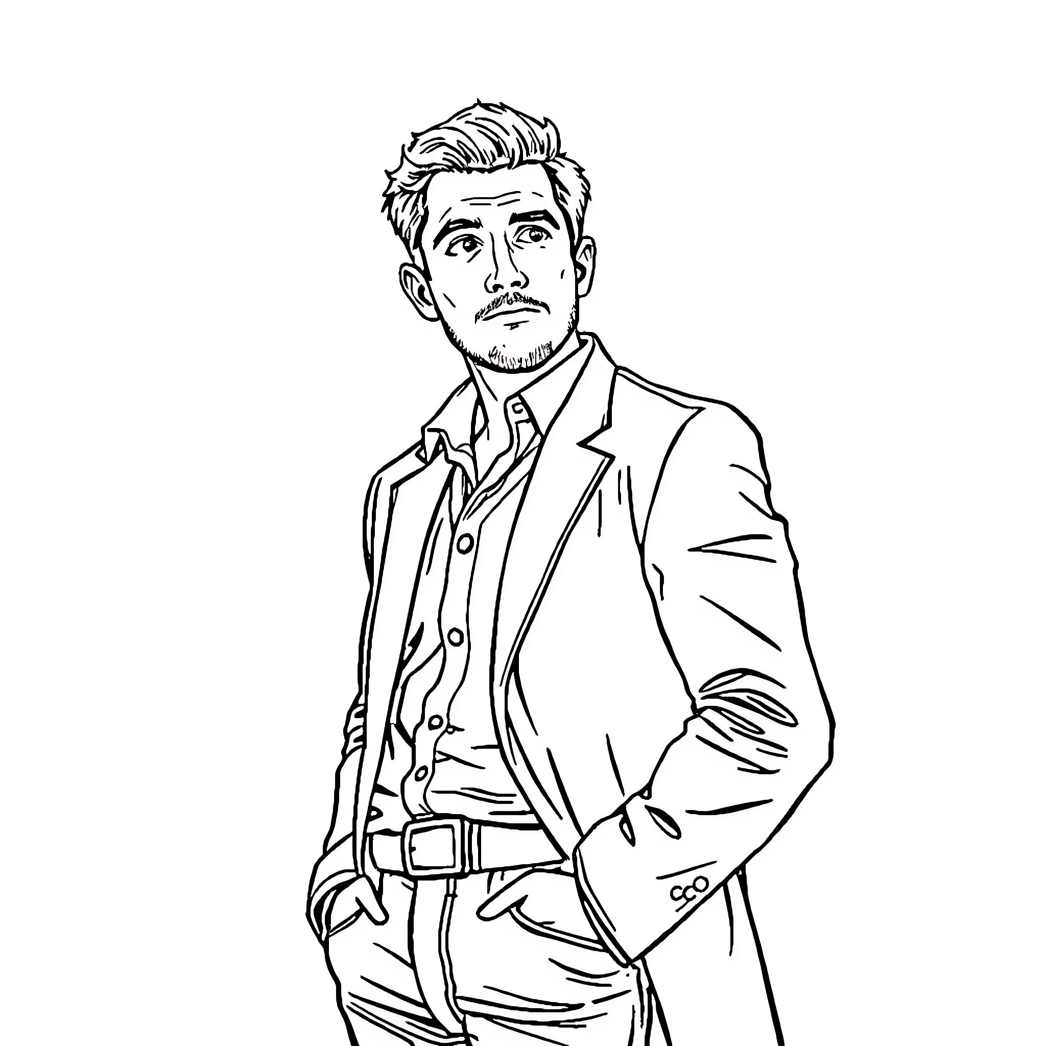Richard Ayliffe in a stylish suit standing with hands in pockets Coloring Page (free black-and-white line drawing printable PDF for all, from beginners to advanced learners, including children, teens, adults, and seniors)