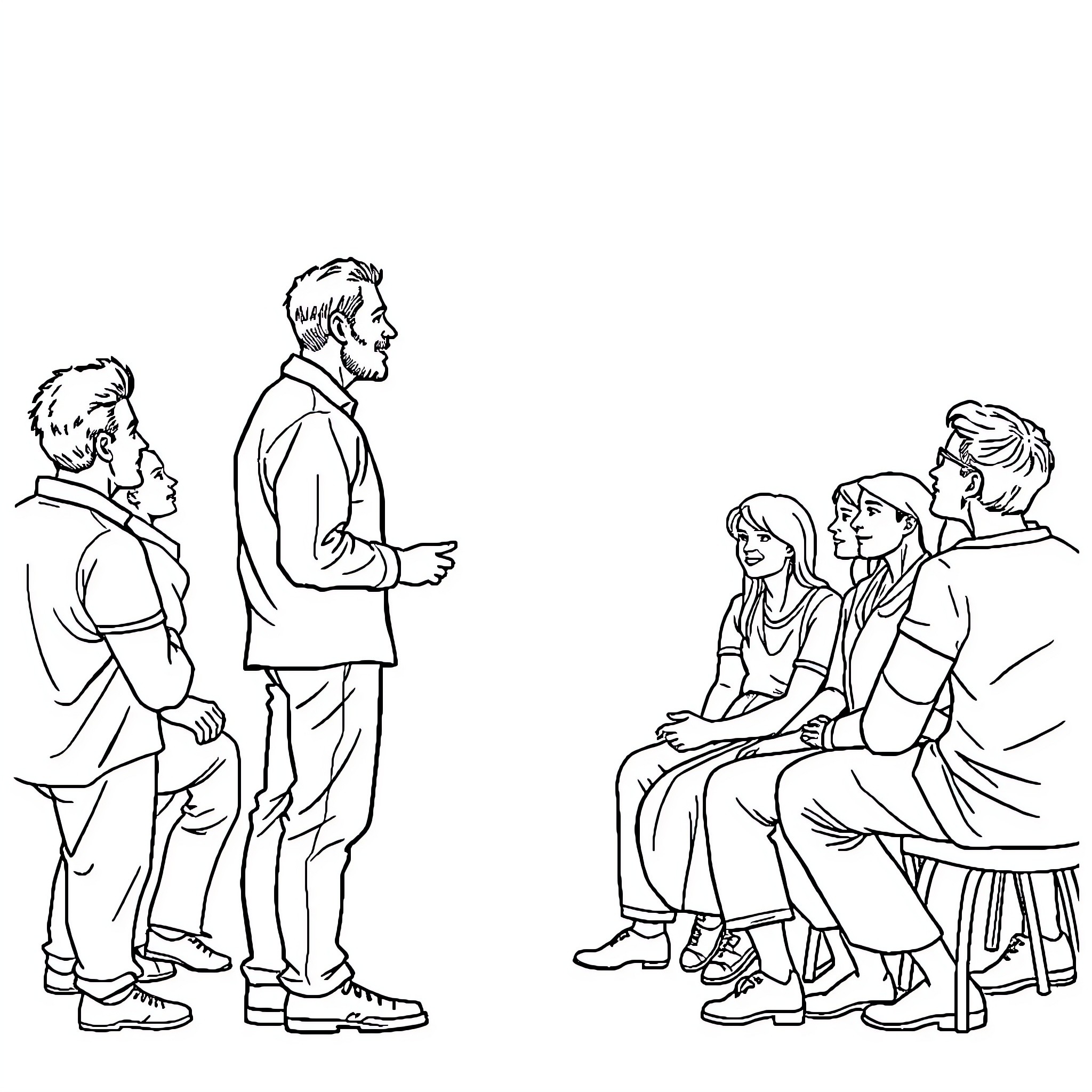Hombre conversando con grupo reunido Coloring Page (free black-and-white line drawing printable PDF for all, from beginners to advanced learners, including children, teens, adults, and seniors)