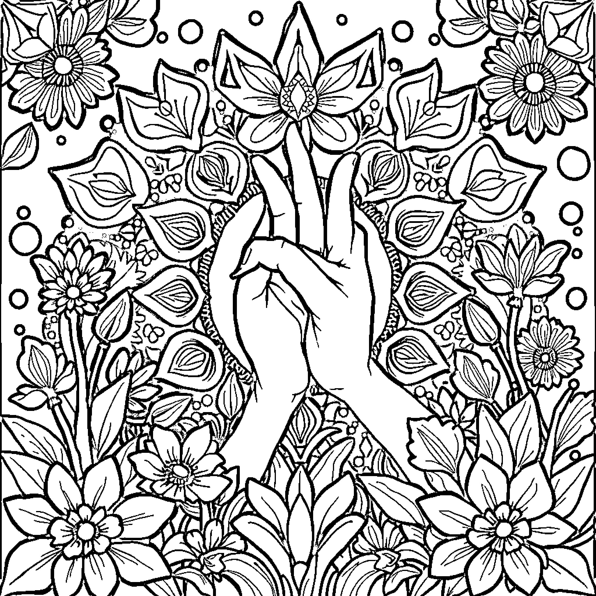 Mindfulness in Floral Embrace Coloring Page (free black-and-white line drawing printable PDF for all, from beginners to advanced learners, including children, teens, adults, and seniors)