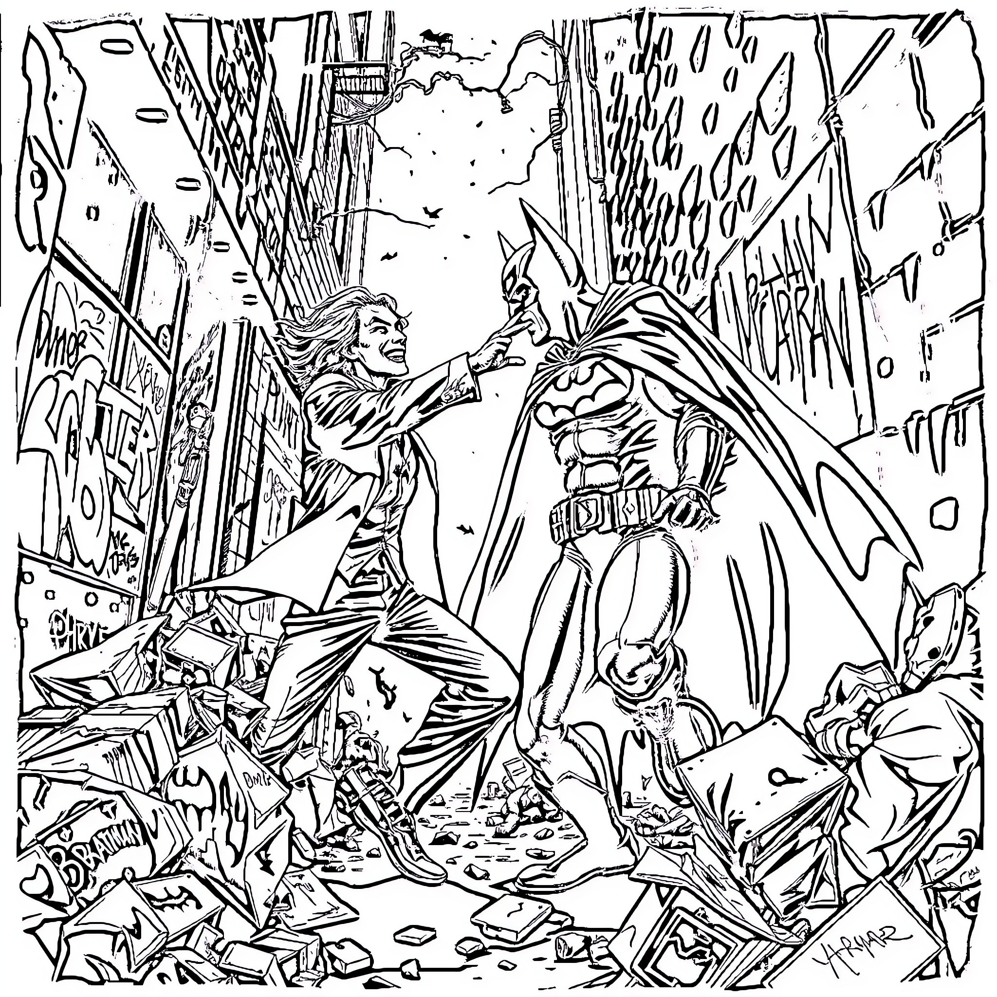 Joker and Batman in Chaotic Battle Coloring Page (free black-and-white line drawing printable PDF for all, from beginners to advanced learners, including children, teens, adults, and seniors)