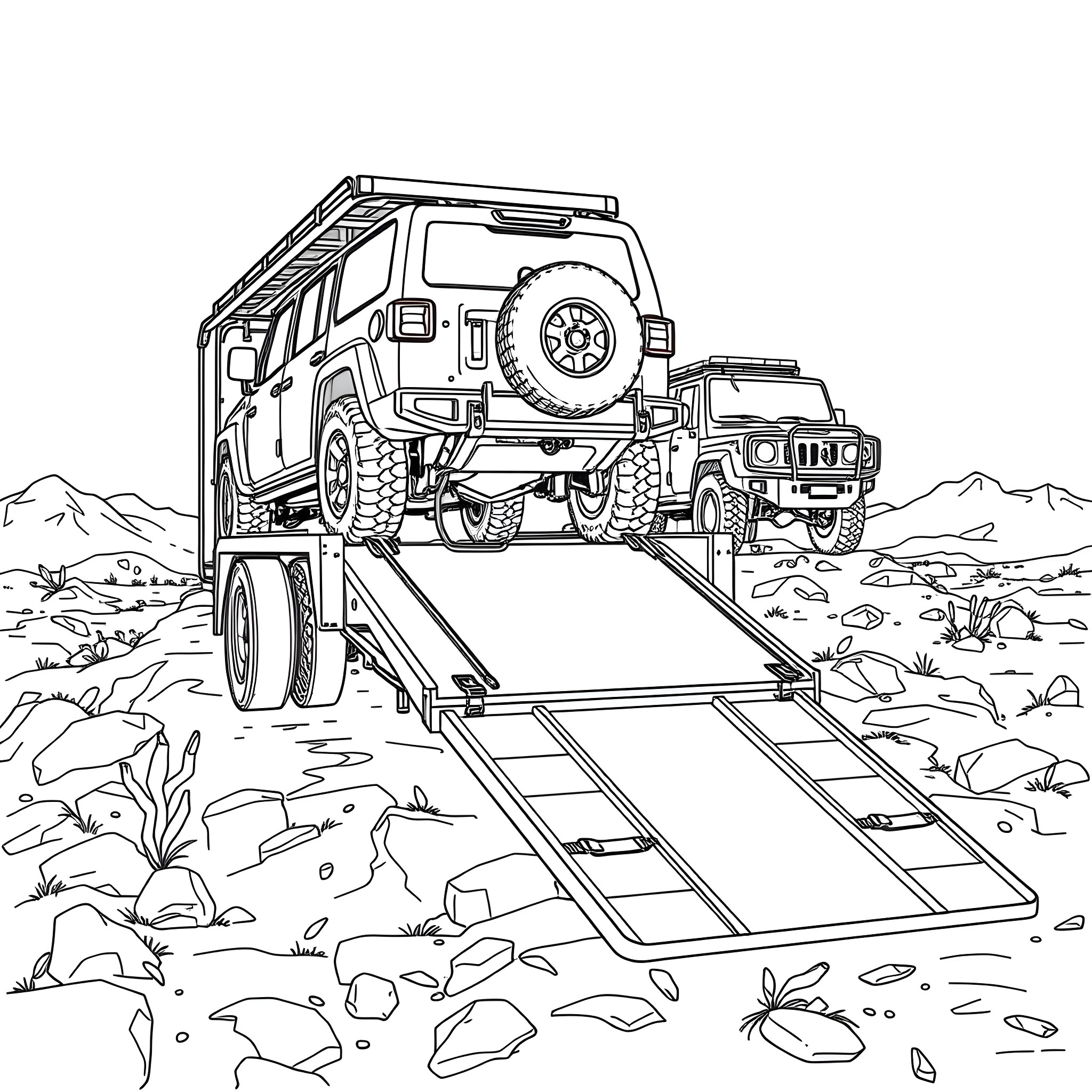 Car Trailer Transporting Off-Road Vehicles in Rugged Terrain Coloring Page (free black-and-white line drawing printable PDF for all, from beginners to advanced learners, including children, teens, adults, and seniors)