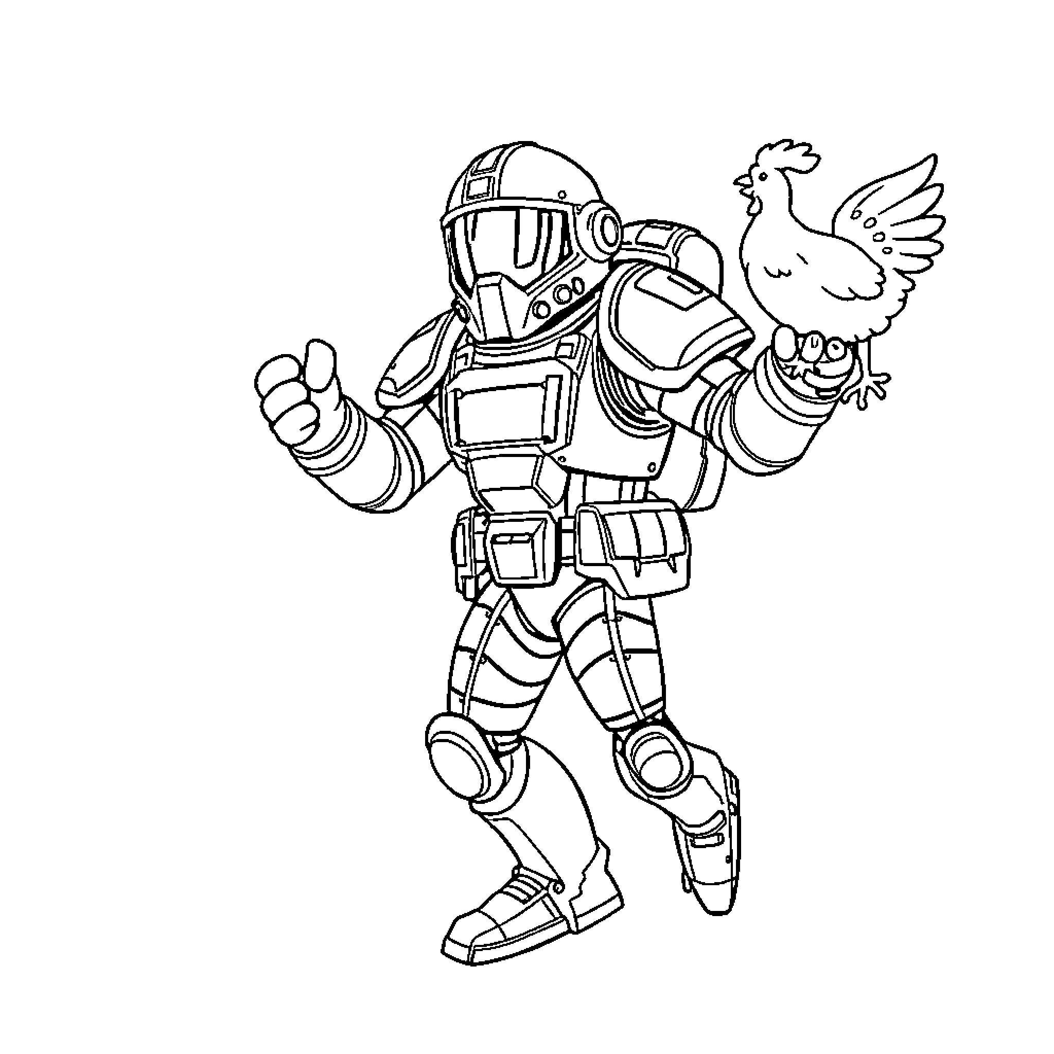 Spacemarine with pet chicken waving triumphantly Coloring Page (free black-and-white line drawing printable PDF for all, from beginners to advanced learners, including children, teens, adults, and seniors)