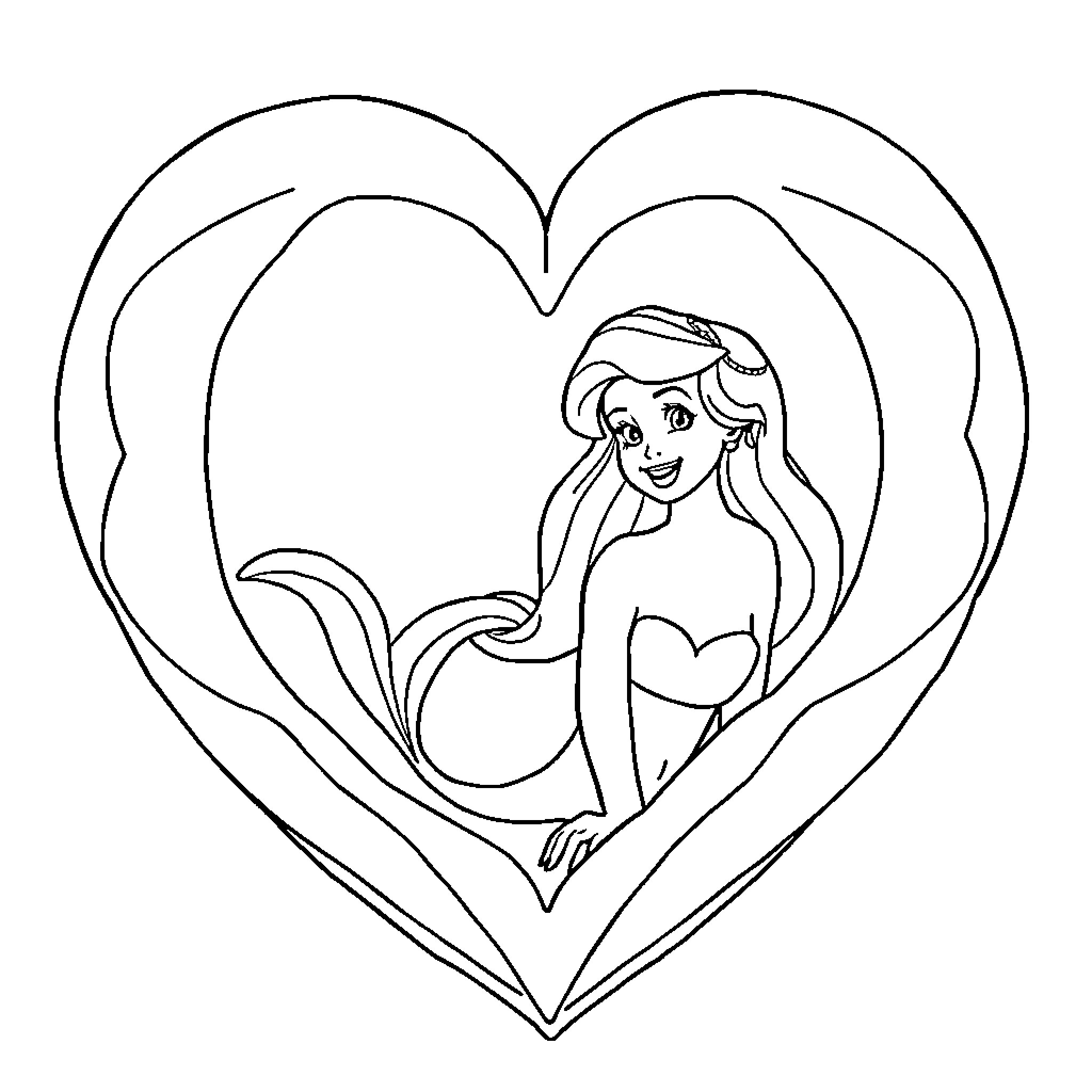 Heart-shaped Mermaid Silhouette Coloring Page (free black-and-white line drawing printable PDF for all, from beginners to advanced learners, including children, teens, adults, and seniors)