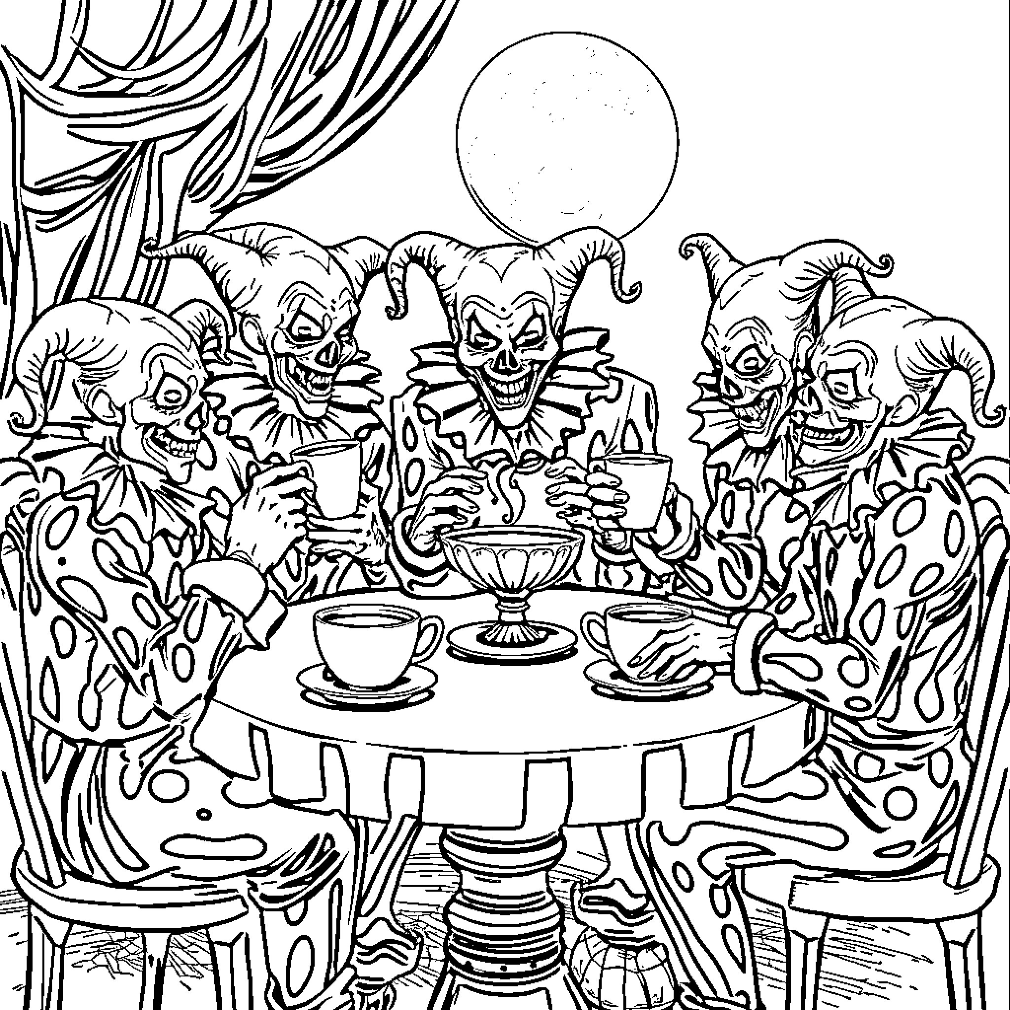 Clown Creatures Gathering for a Spooky Tea Party Coloring Page (free black-and-white line drawing printable PDF for all, from beginners to advanced learners, including children, teens, adults, and seniors)