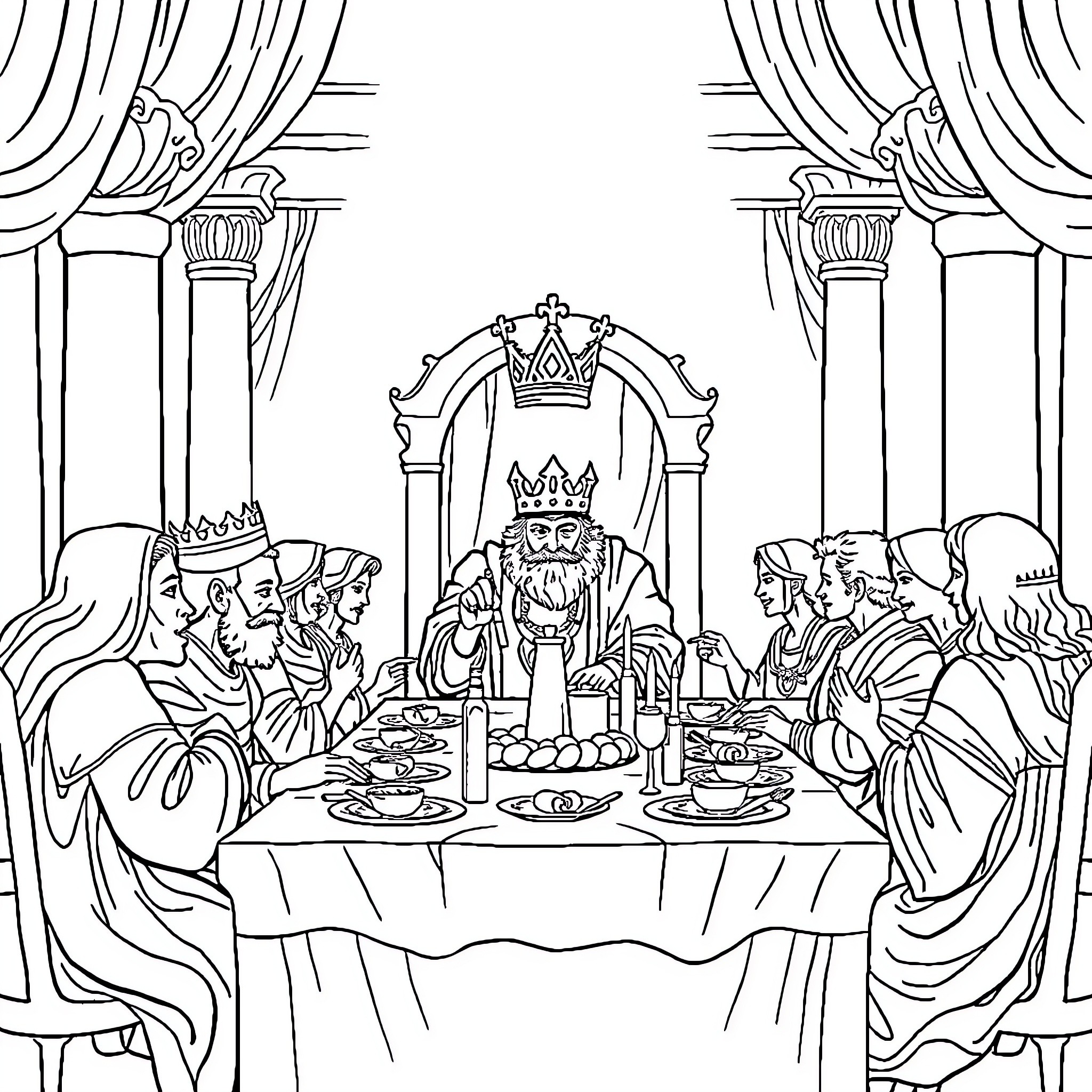 King Hosting Royal Banquet for Courtiers Coloring Page (free black-and-white line drawing printable PDF for all, from beginners to advanced learners, including children, teens, adults, and seniors)