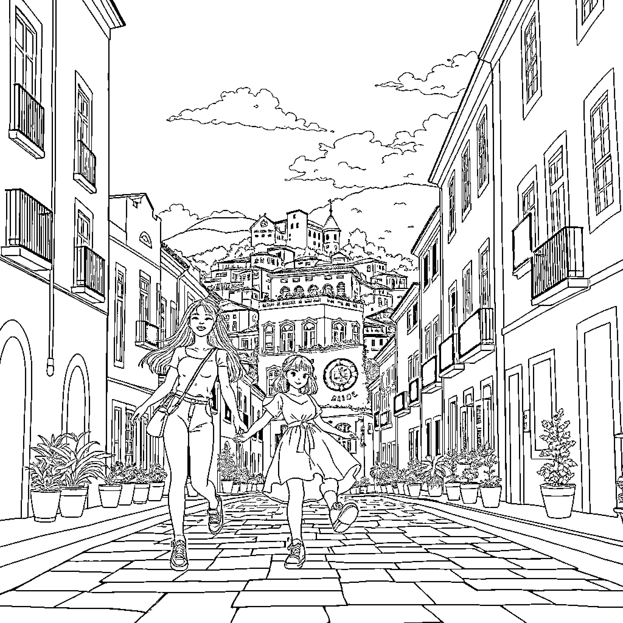 Kpop Idols Strolling Through Charming City Streets Coloring Page (free black-and-white line drawing printable PDF for all, from beginners to advanced learners, including children, teens, adults, and seniors)