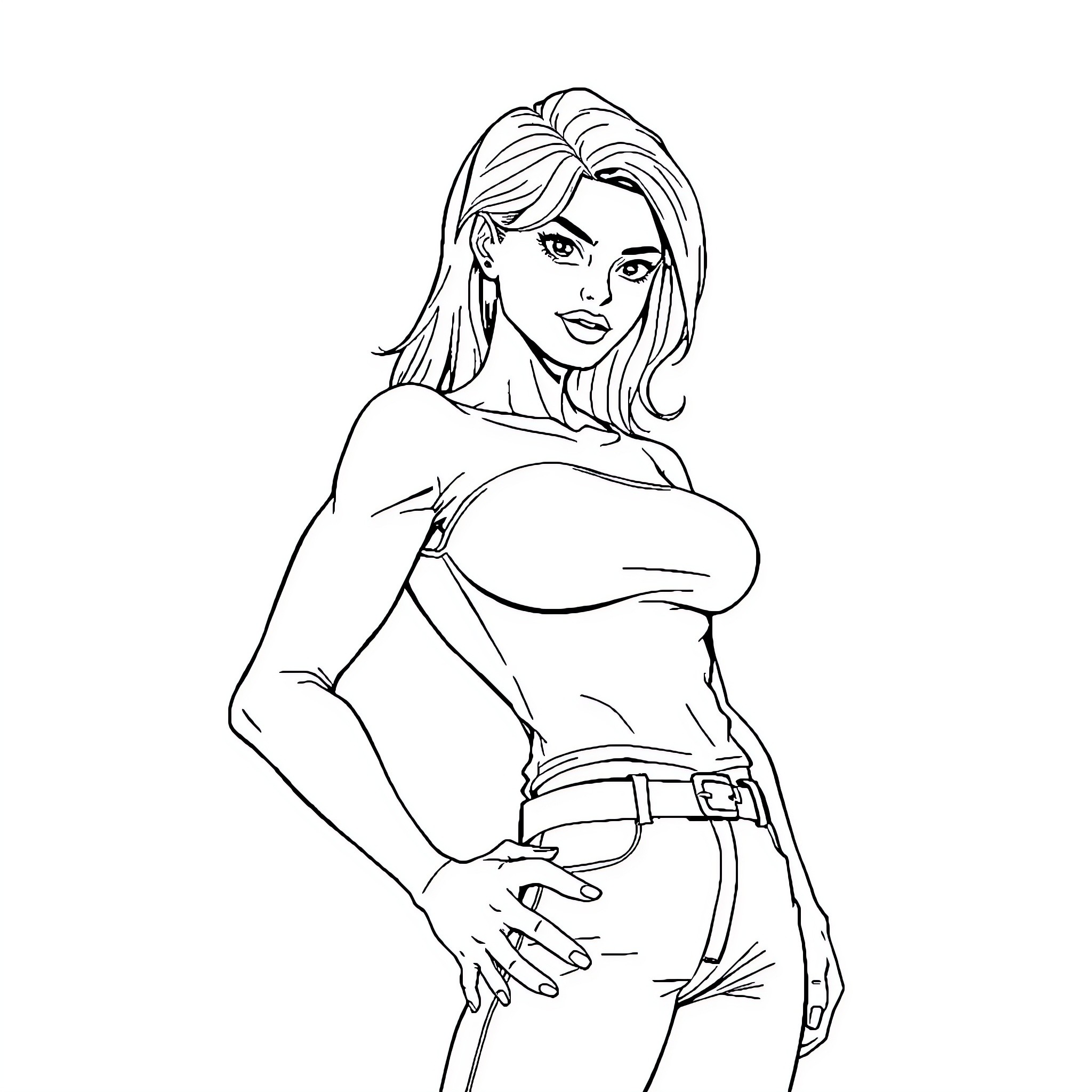Woman posing confidently in stylish outfit Coloring Page (free black-and-white line drawing printable PDF for all, from beginners to advanced learners, including children, teens, adults, and seniors)