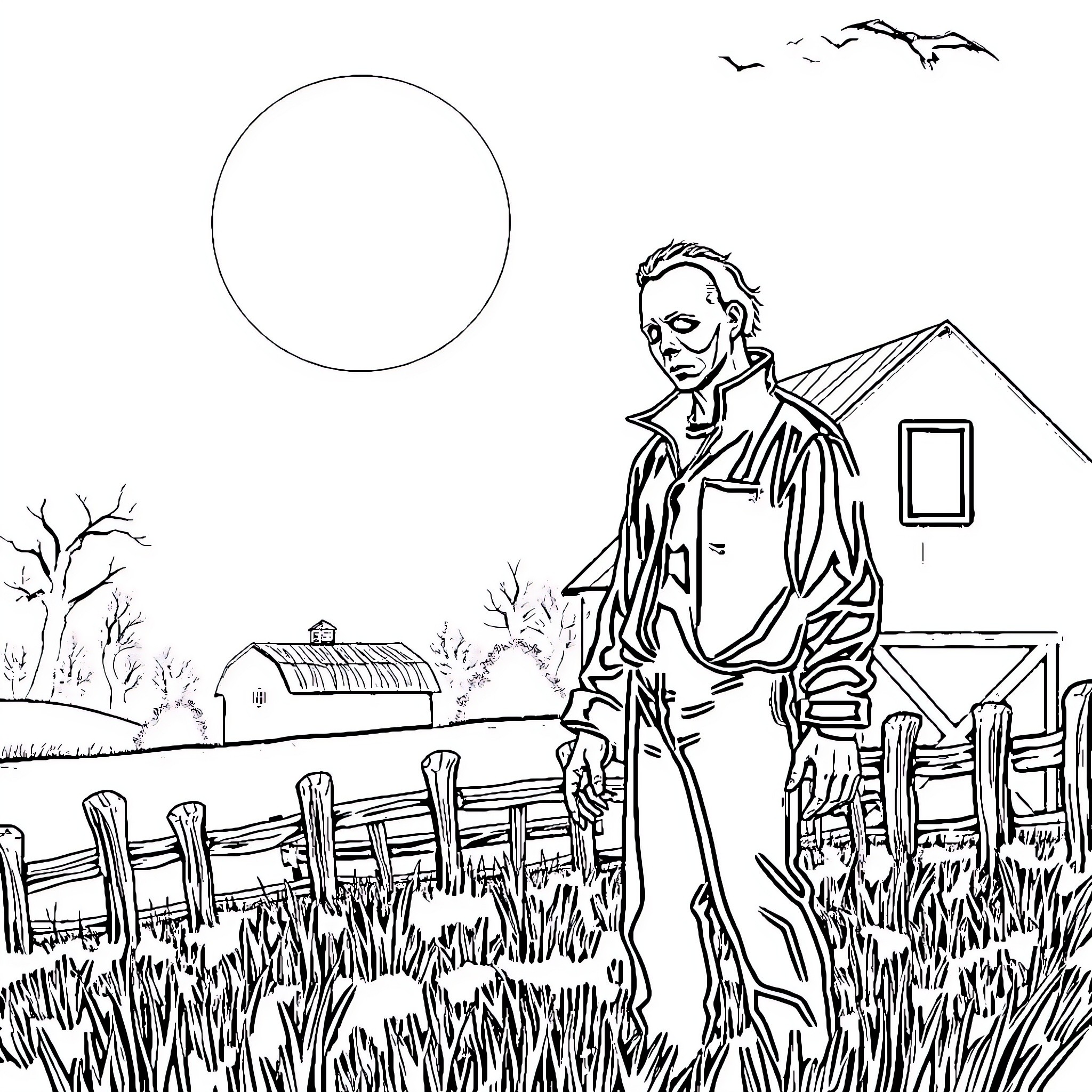 Michael Myers stalks the countryside under the moonlight Coloring Page (free black-and-white line drawing printable PDF for all, from beginners to advanced learners, including children, teens, adults, and seniors)