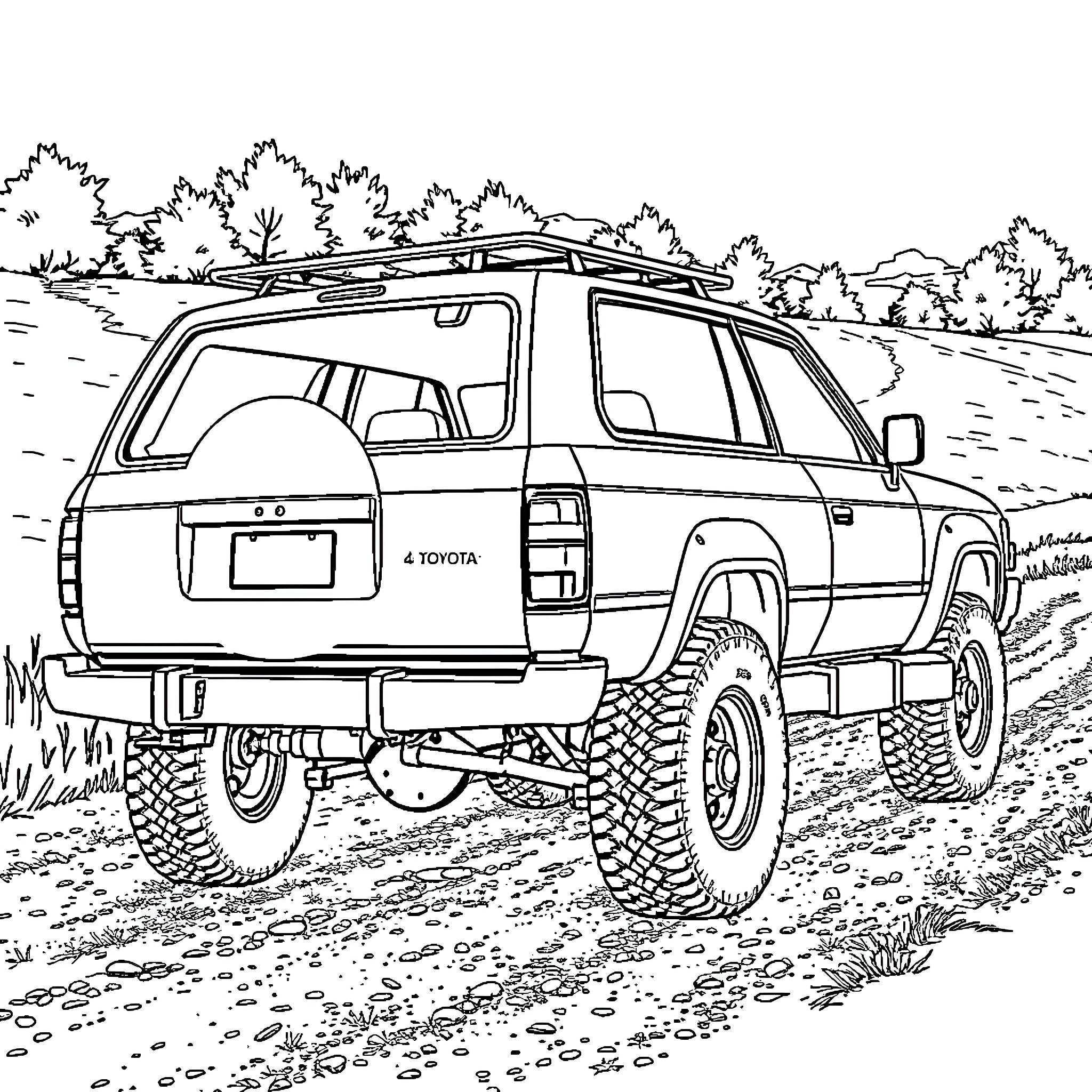4runner off-road adventure in nature Coloring Page (free black-and-white line drawing printable PDF for all, from beginners to advanced learners, including children, teens, adults, and seniors)
