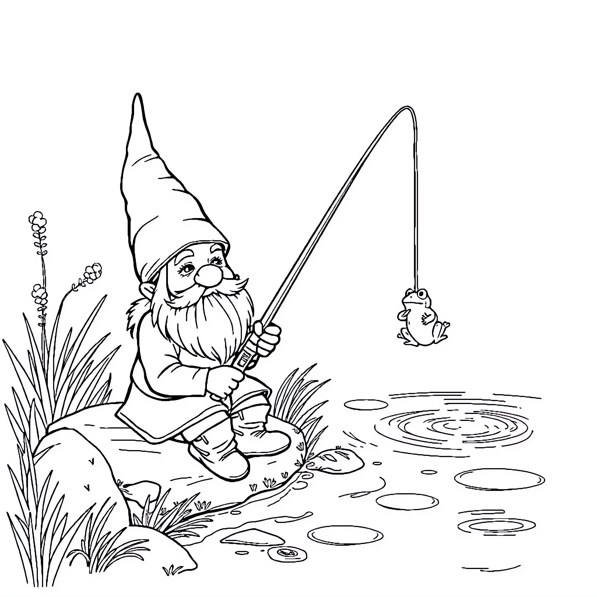 Gnome fishing peacefully by the pond Coloring Page (free black-and-white line drawing printable PDF for all, from beginners to advanced learners, including children, teens, adults, and seniors)
