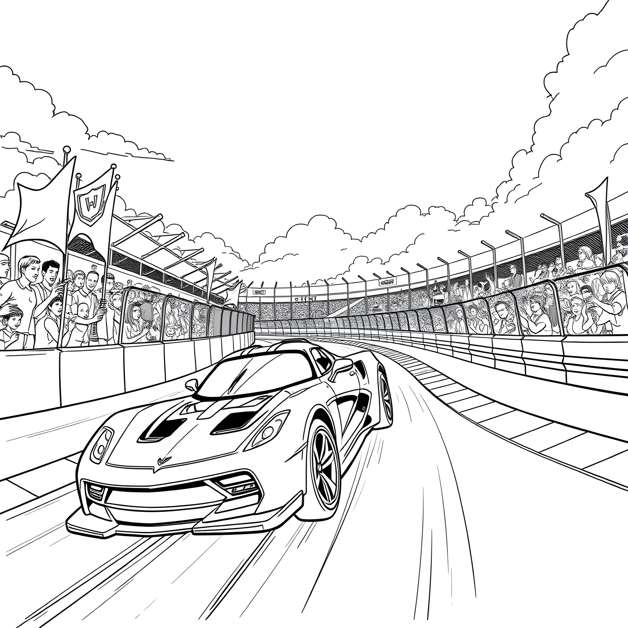 Car racing on the track with spectators Coloring Page (free black-and-white line drawing printable PDF for all, from beginners to advanced learners, including children, teens, adults, and seniors)