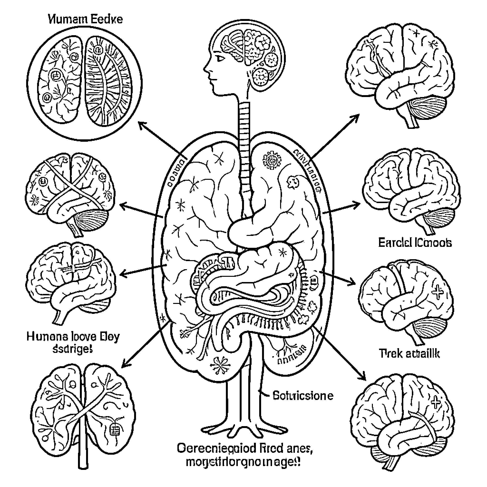 Human Body showing internal organs and brain anatomy Coloring Page (free black-and-white line drawing printable PDF for all, from beginners to advanced learners, including children, teens, adults, and seniors)