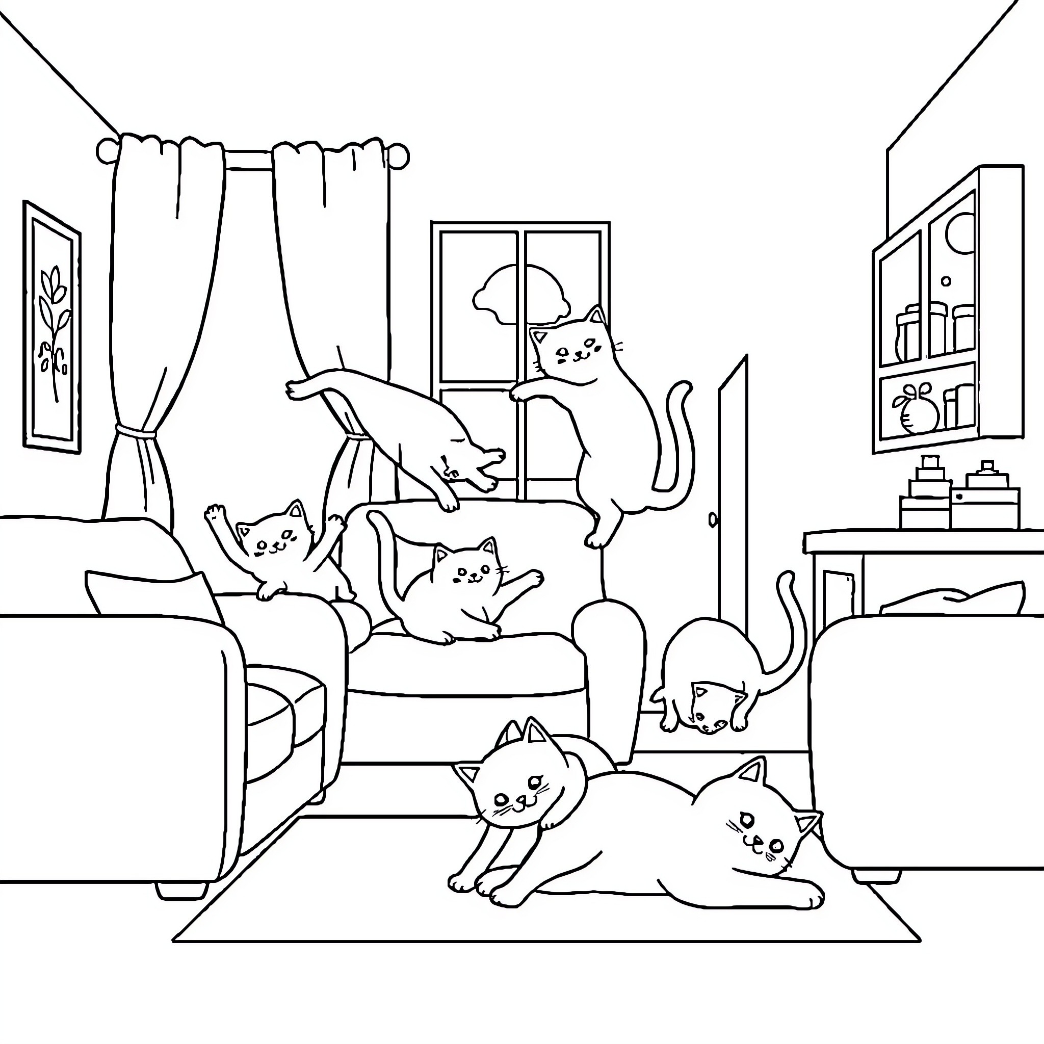 Cats playfully exploring a cozy indoor space Coloring Page (free black-and-white line drawing printable PDF for all, from beginners to advanced learners, including children, teens, adults, and seniors)