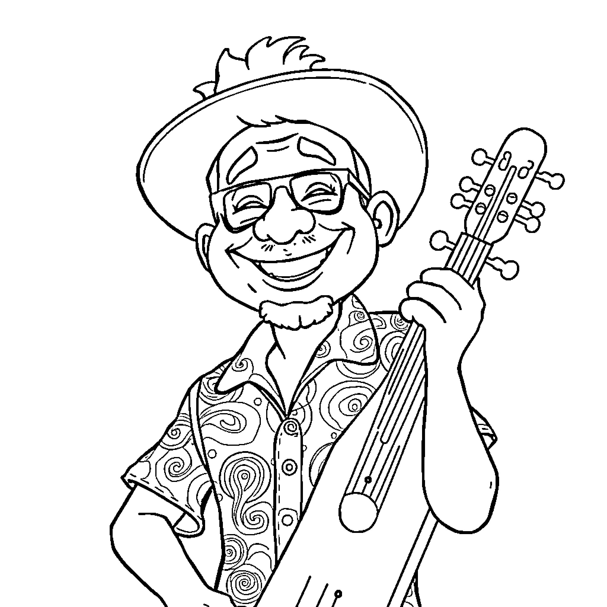 Mr. Piper Labubu playing guitar and smiling joyfully Coloring Page (free black-and-white line drawing printable PDF for all, from beginners to advanced learners, including children, teens, adults, and seniors)
