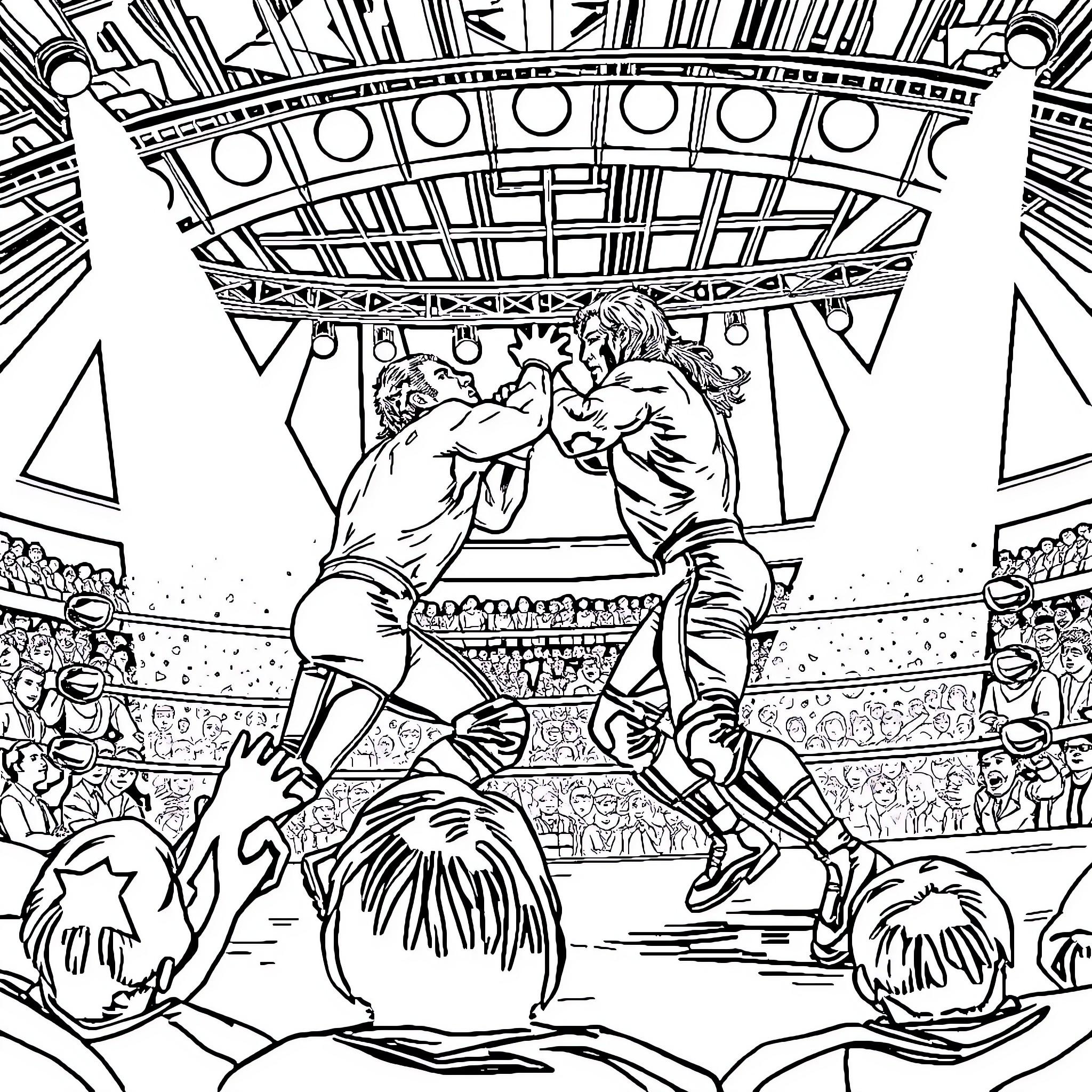 Wrestler Opponents Engaged in Intense Match Coloring Page (free black-and-white line drawing printable PDF for all, from beginners to advanced learners, including children, teens, adults, and seniors)