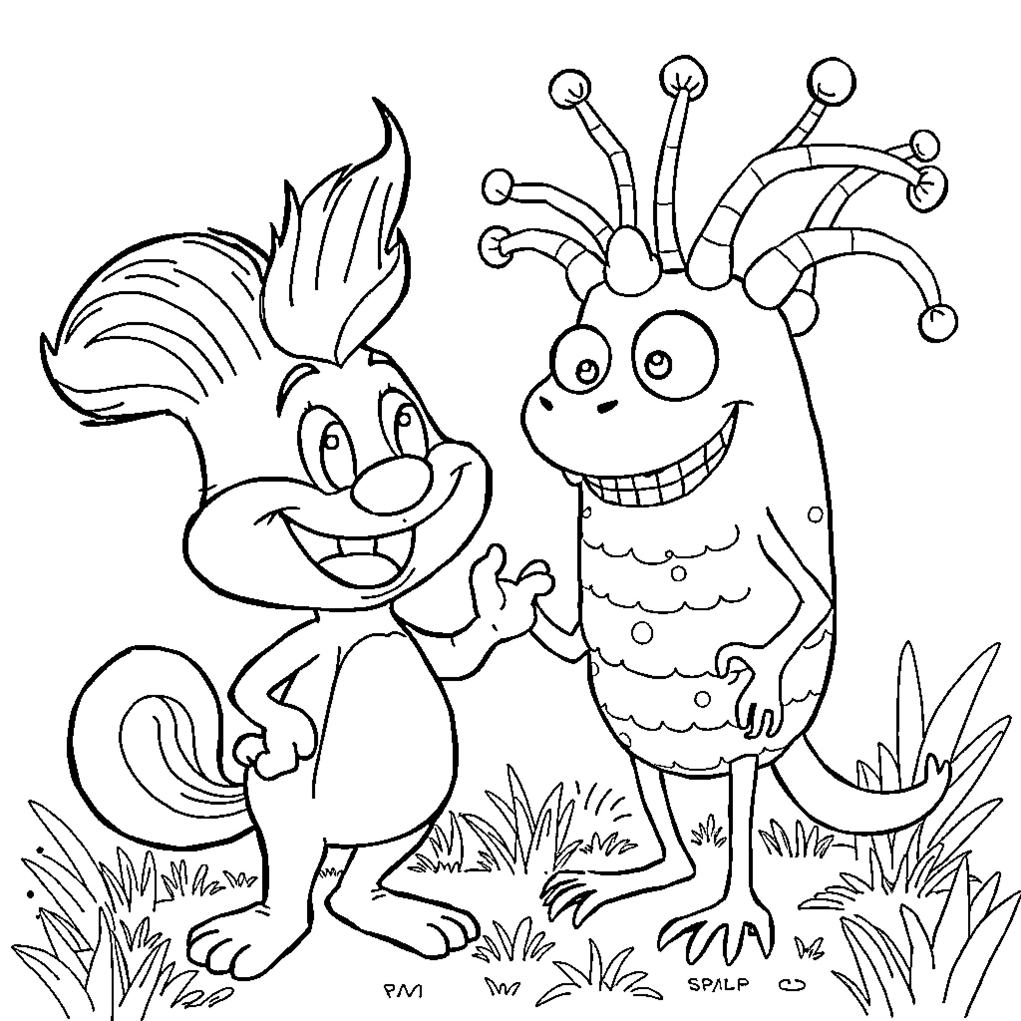 Sprunki's Whimsical Encounter with a Quirky Creature Coloring Page (free black-and-white line drawing printable PDF for all, from beginners to advanced learners, including children, teens, adults, and seniors)