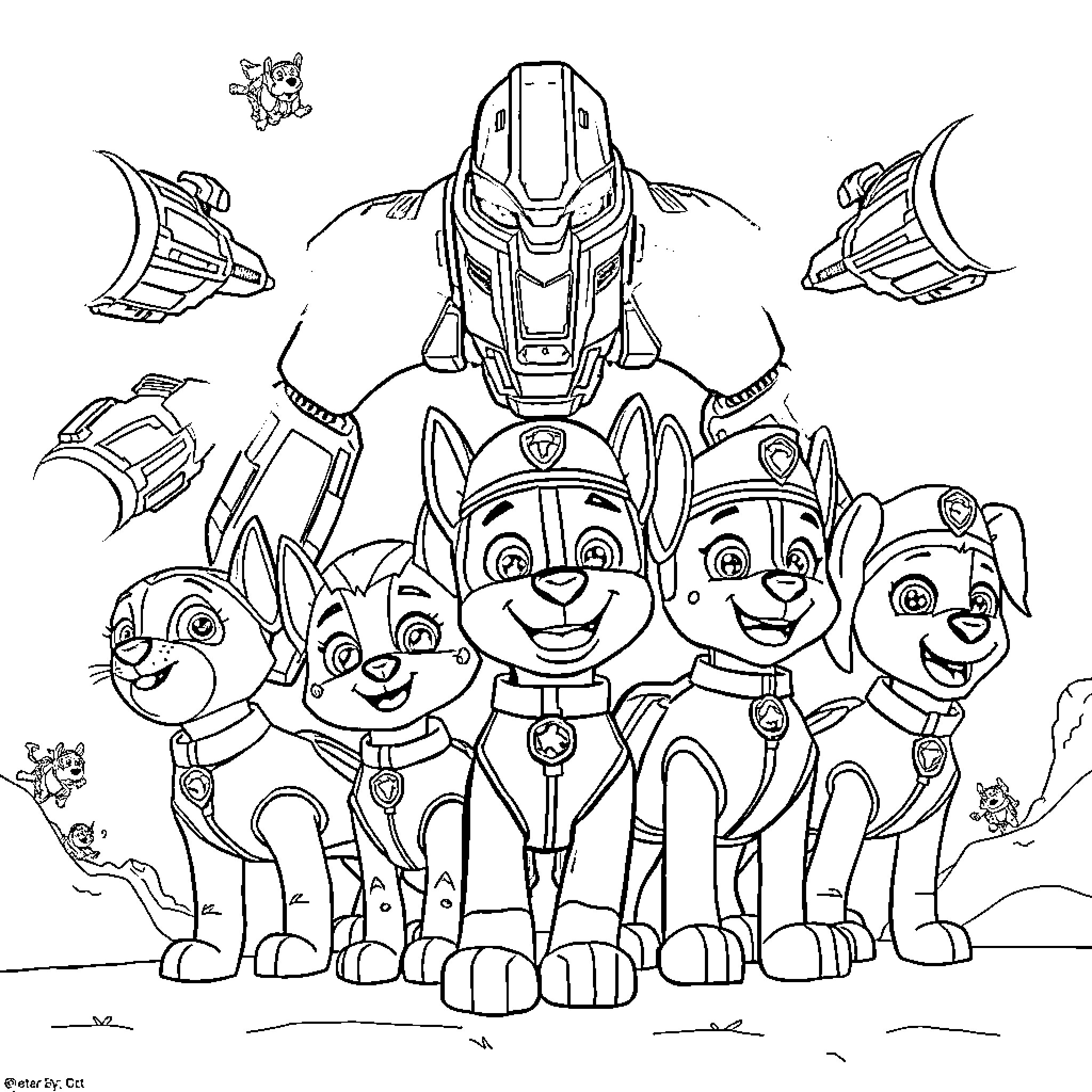 Paw Patrol Puppies Assemble with Robotic Gear Coloring Page (free black-and-white line drawing printable PDF for all, from beginners to advanced learners, including children, teens, adults, and seniors)