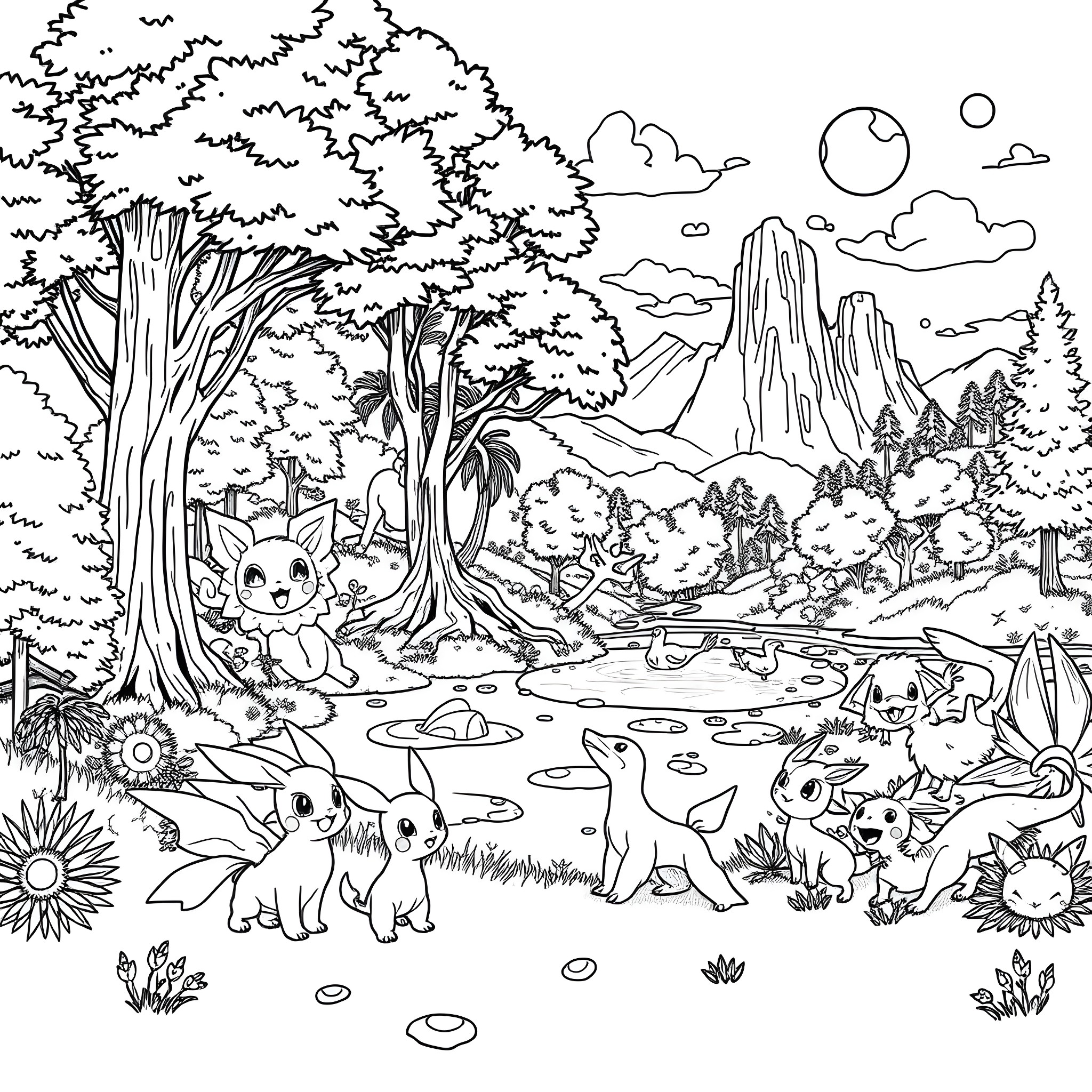 Pokémon creatures in a tranquil forest landscape Coloring Page (free black-and-white line drawing printable PDF for all, from beginners to advanced learners, including children, teens, adults, and seniors)