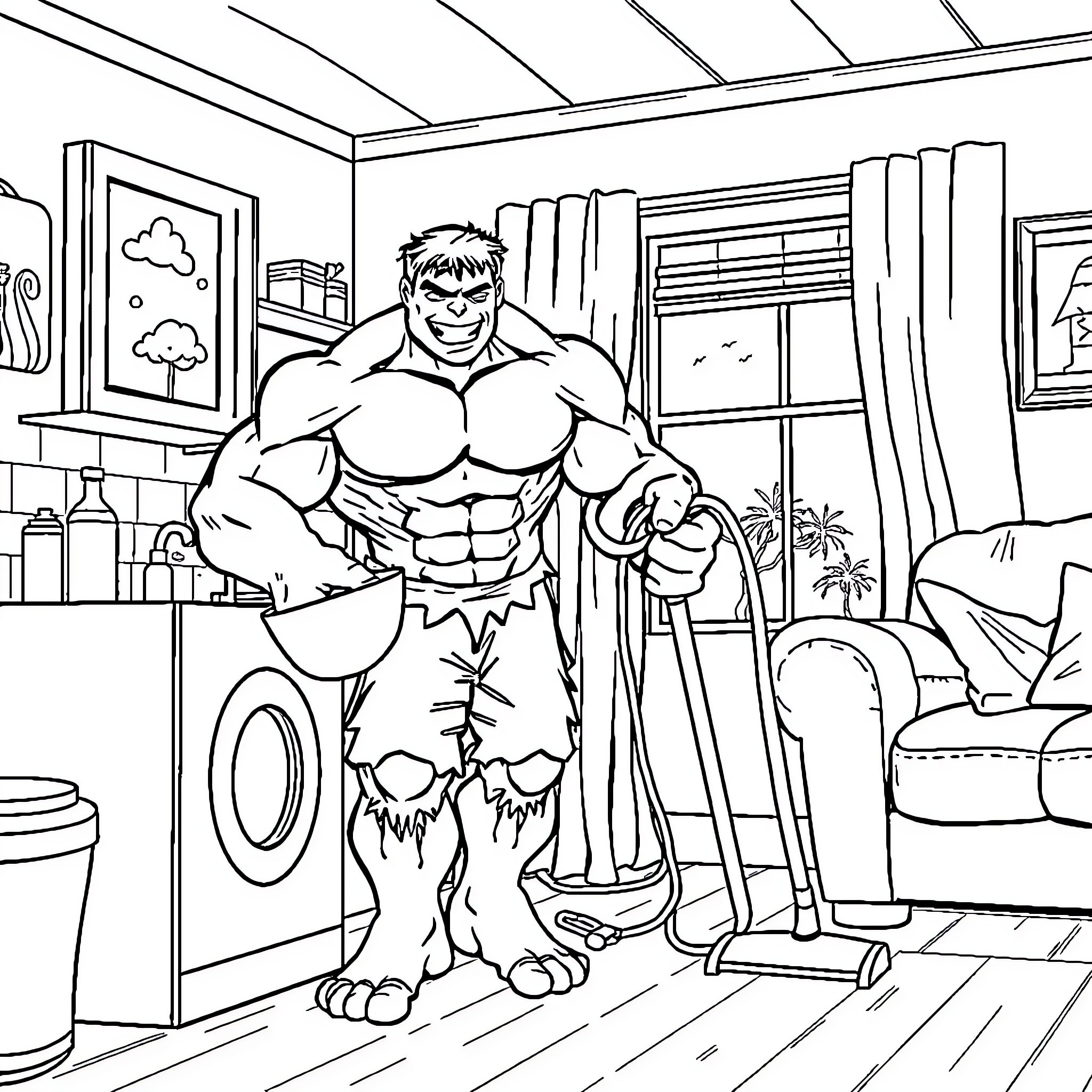 Hulk Demolishing a Living Room Coloring Page (free black-and-white line drawing printable PDF for all, from beginners to advanced learners, including children, teens, adults, and seniors)