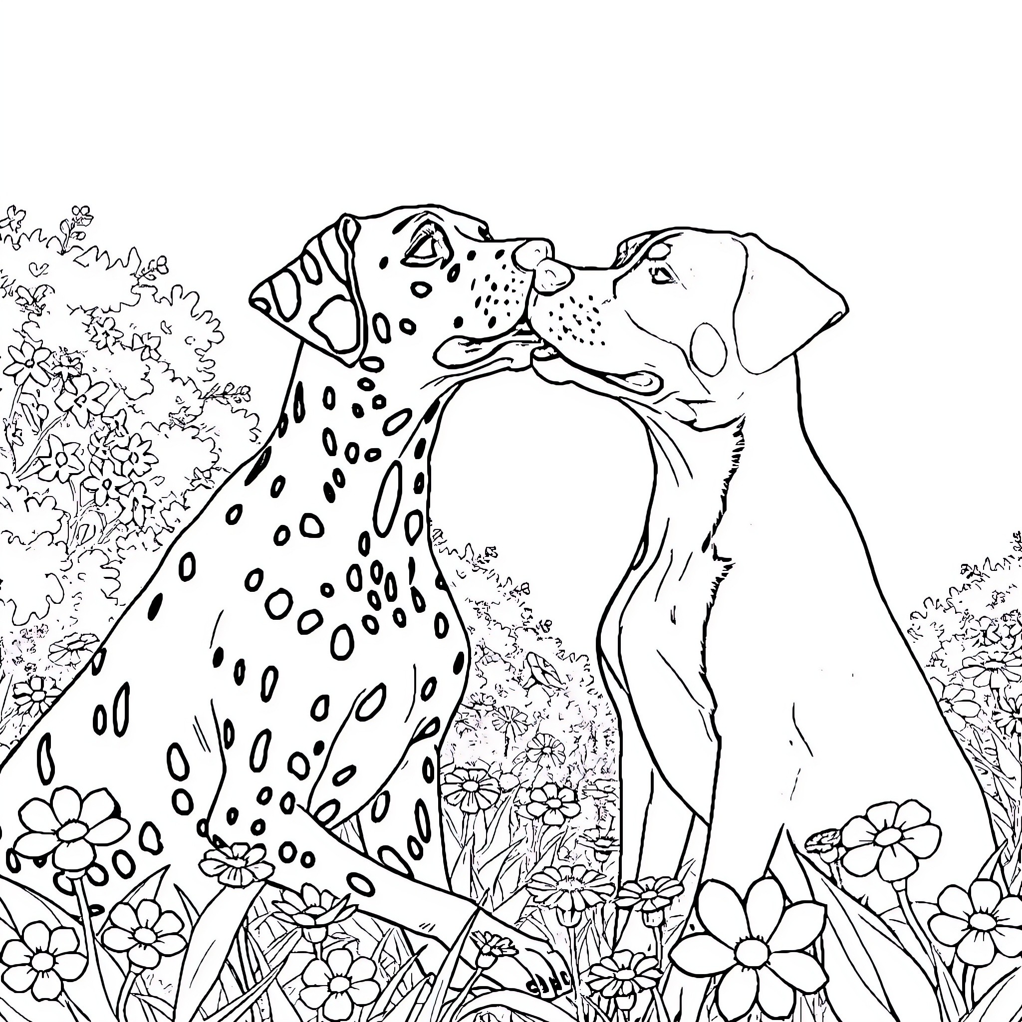 Dalmatian dogs playing together in a floral field Coloring Page (free black-and-white line drawing printable PDF for all, from beginners to advanced learners, including children, teens, adults, and seniors)