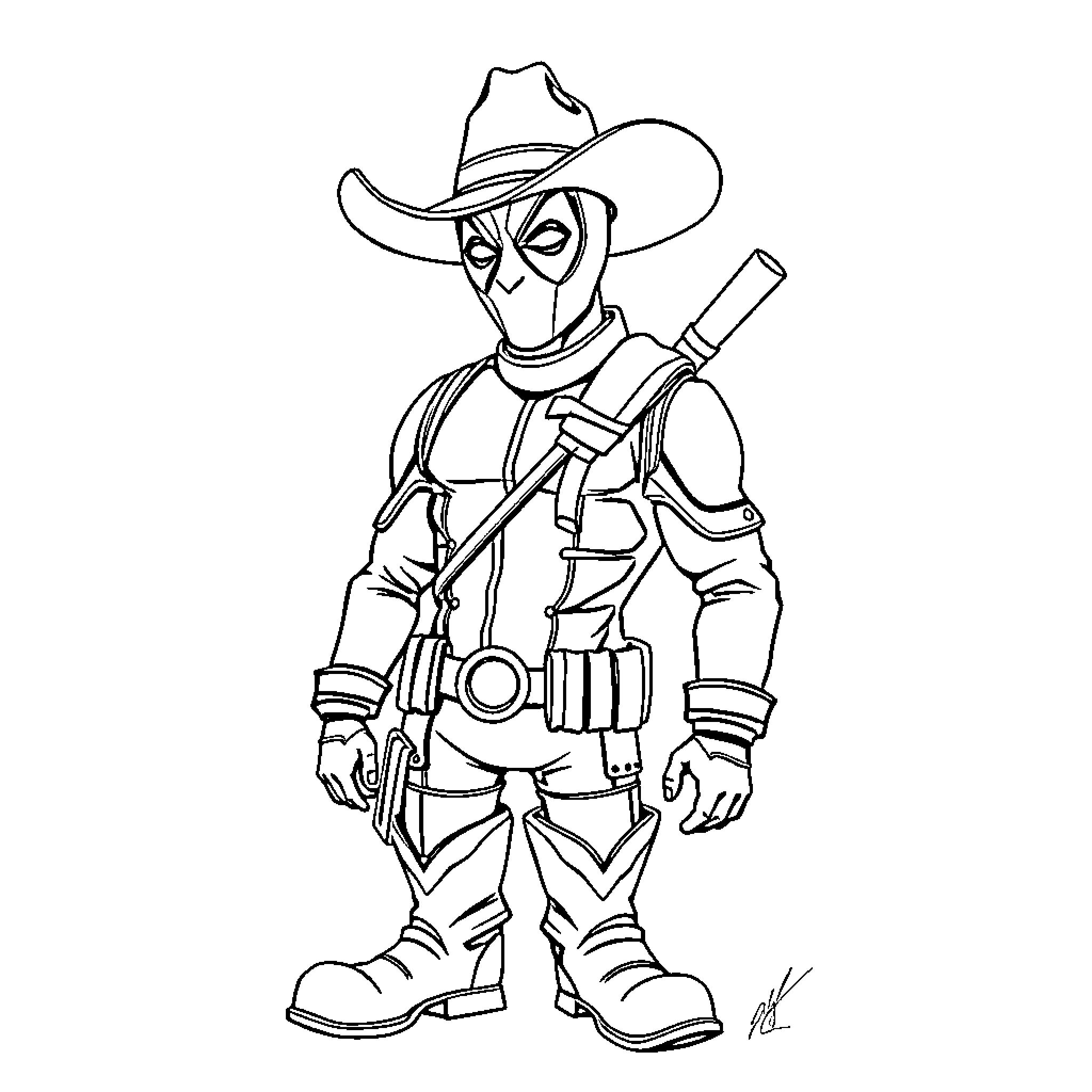 Deadpool in Cowboy Outfit with Weapons Coloring Page (free black-and-white line drawing printable PDF for all, from beginners to advanced learners, including children, teens, adults, and seniors)