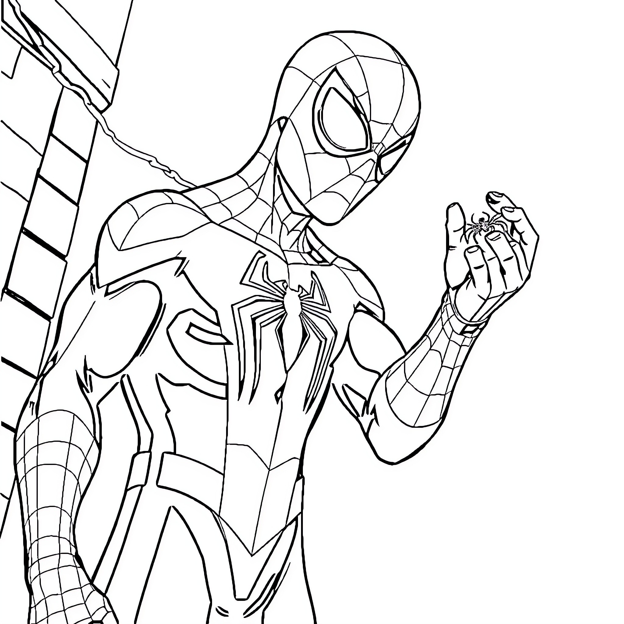 Spider-Man Scaling a Building in Action Coloring Page (free black-and-white line drawing printable PDF for all, from beginners to advanced learners, including children, teens, adults, and seniors)